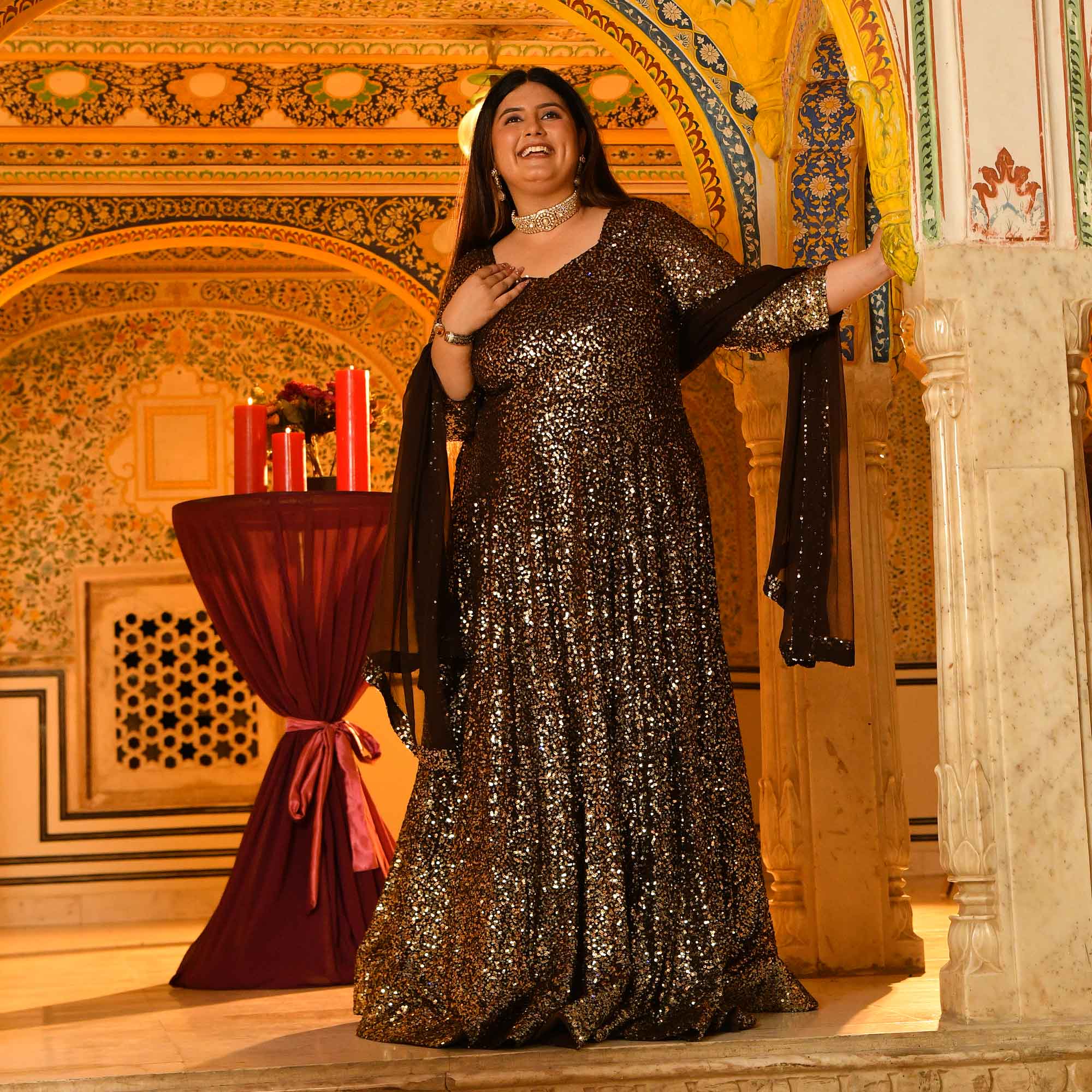 Lara- Coffee Full Sequin Embroidered Anarkali Dress