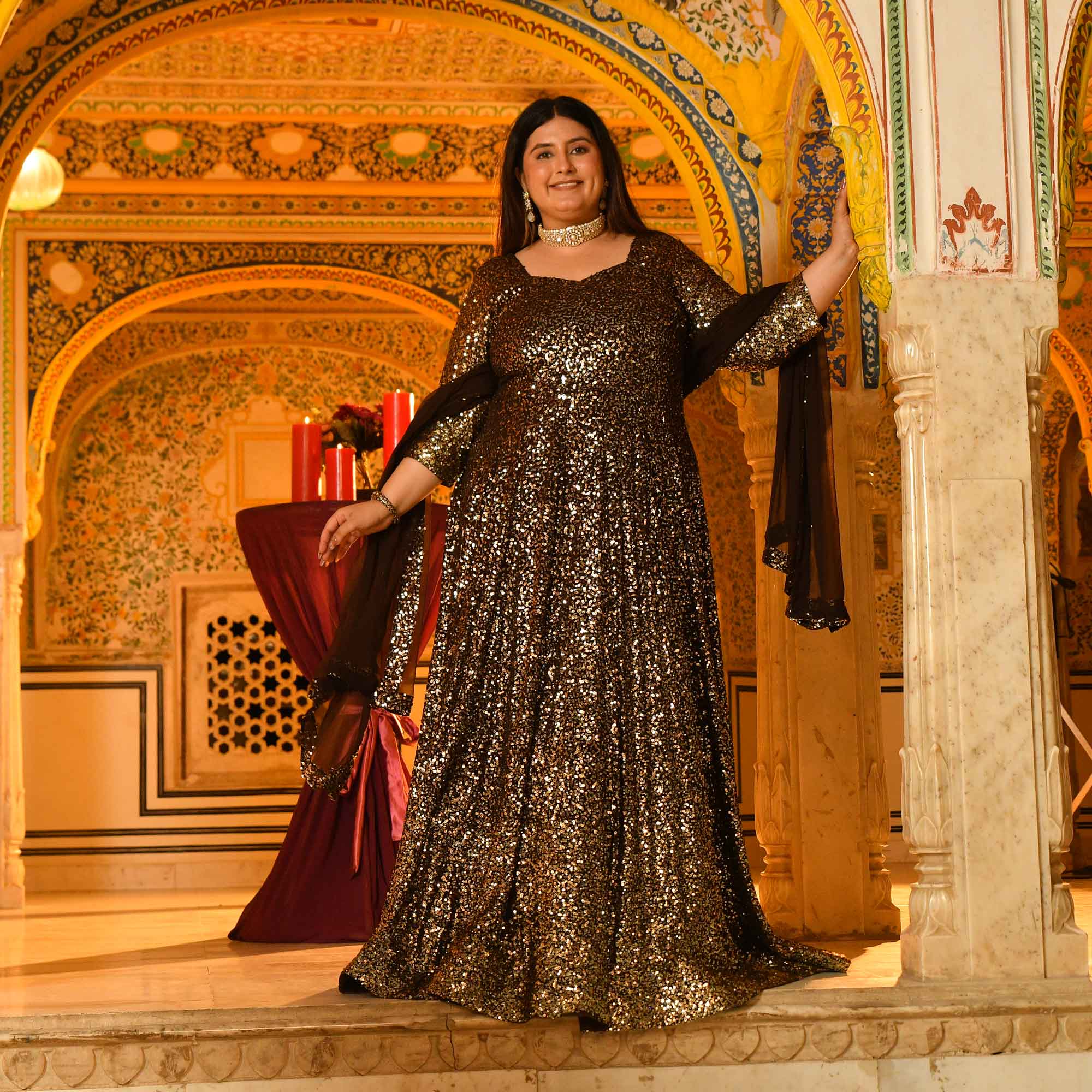 Lara- Coffee Full Sequin Embroidered Anarkali Dress
