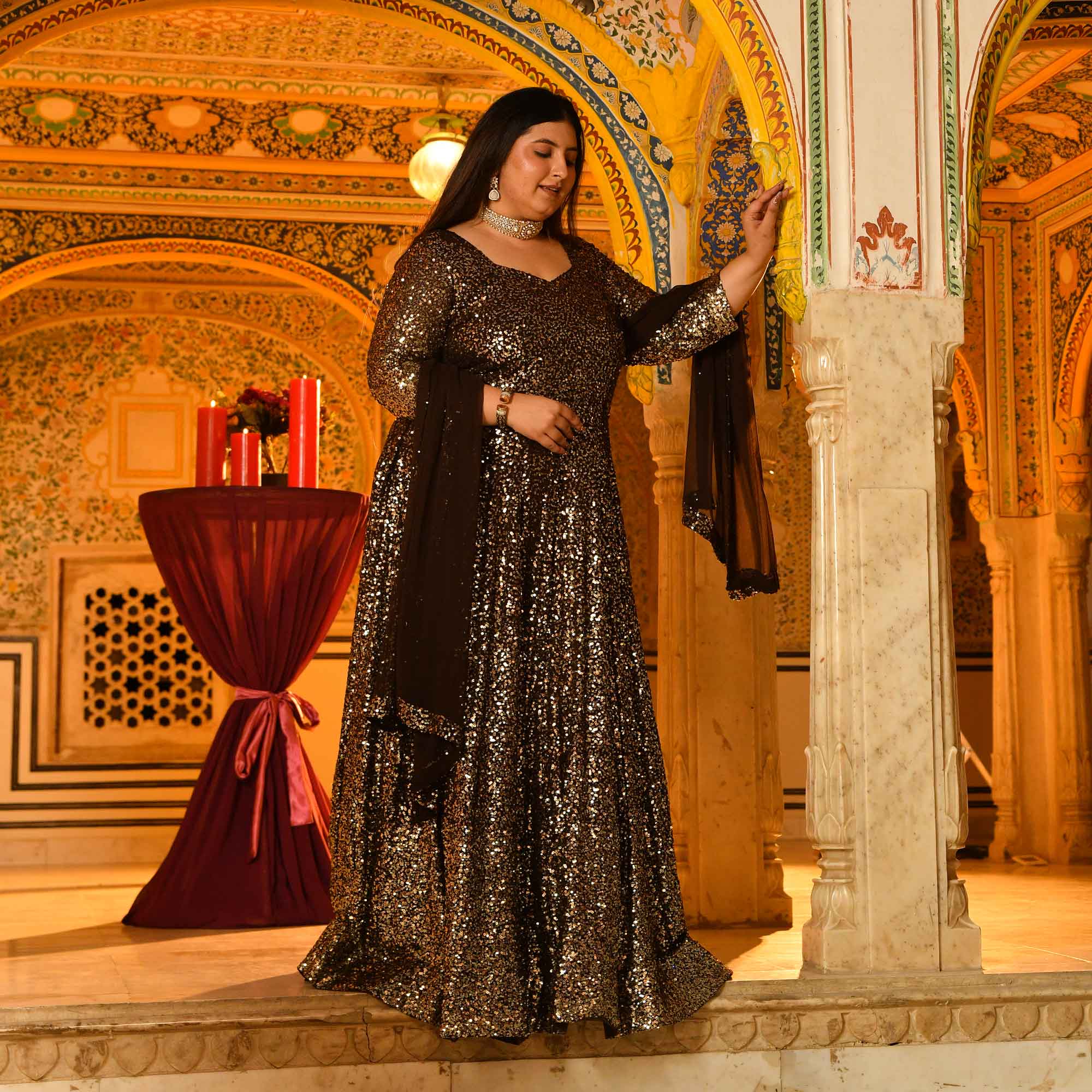 Lara- Coffee Full Sequin Embroidered Anarkali Dress