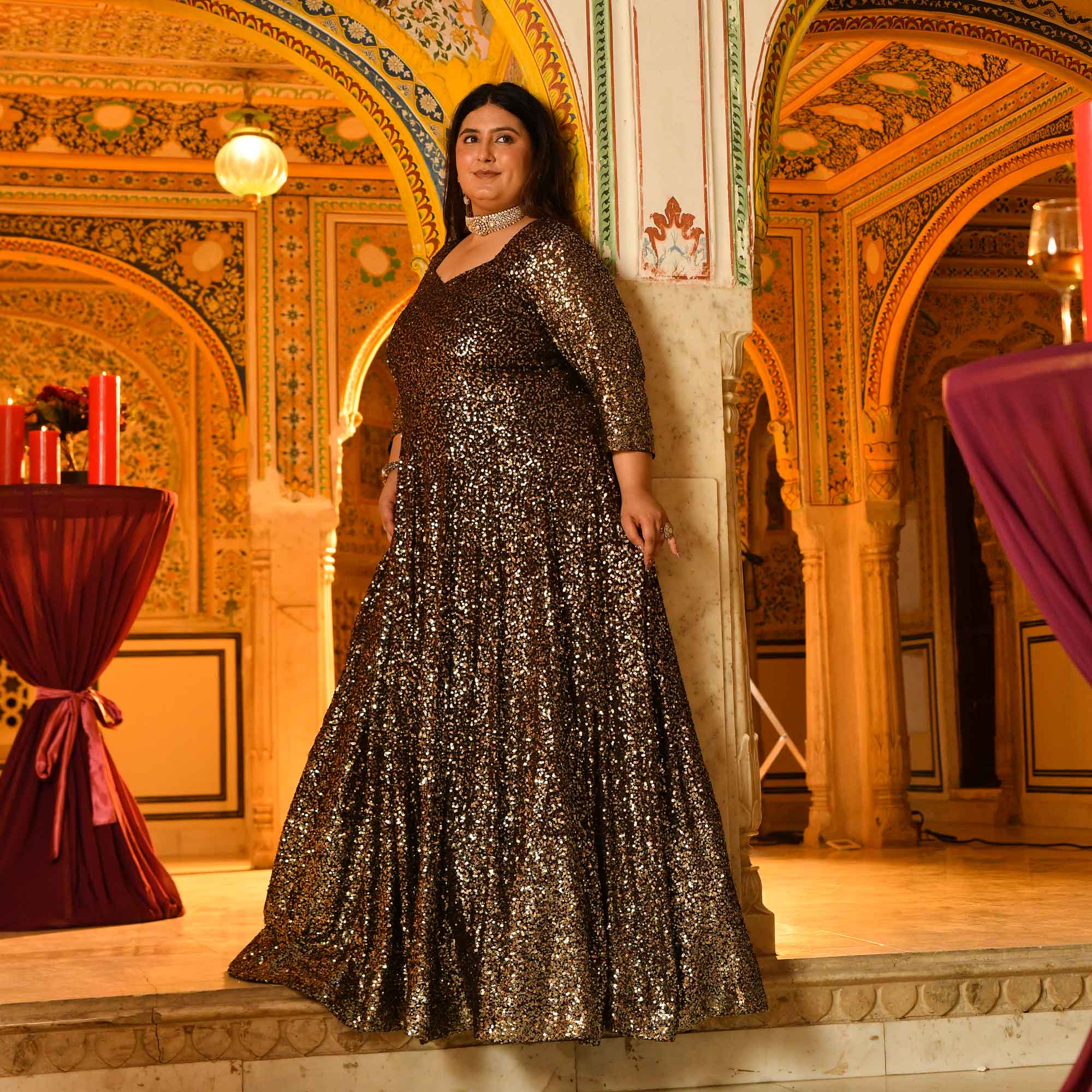 Lara- Coffee Full Sequin Embroidered Anarkali Dress