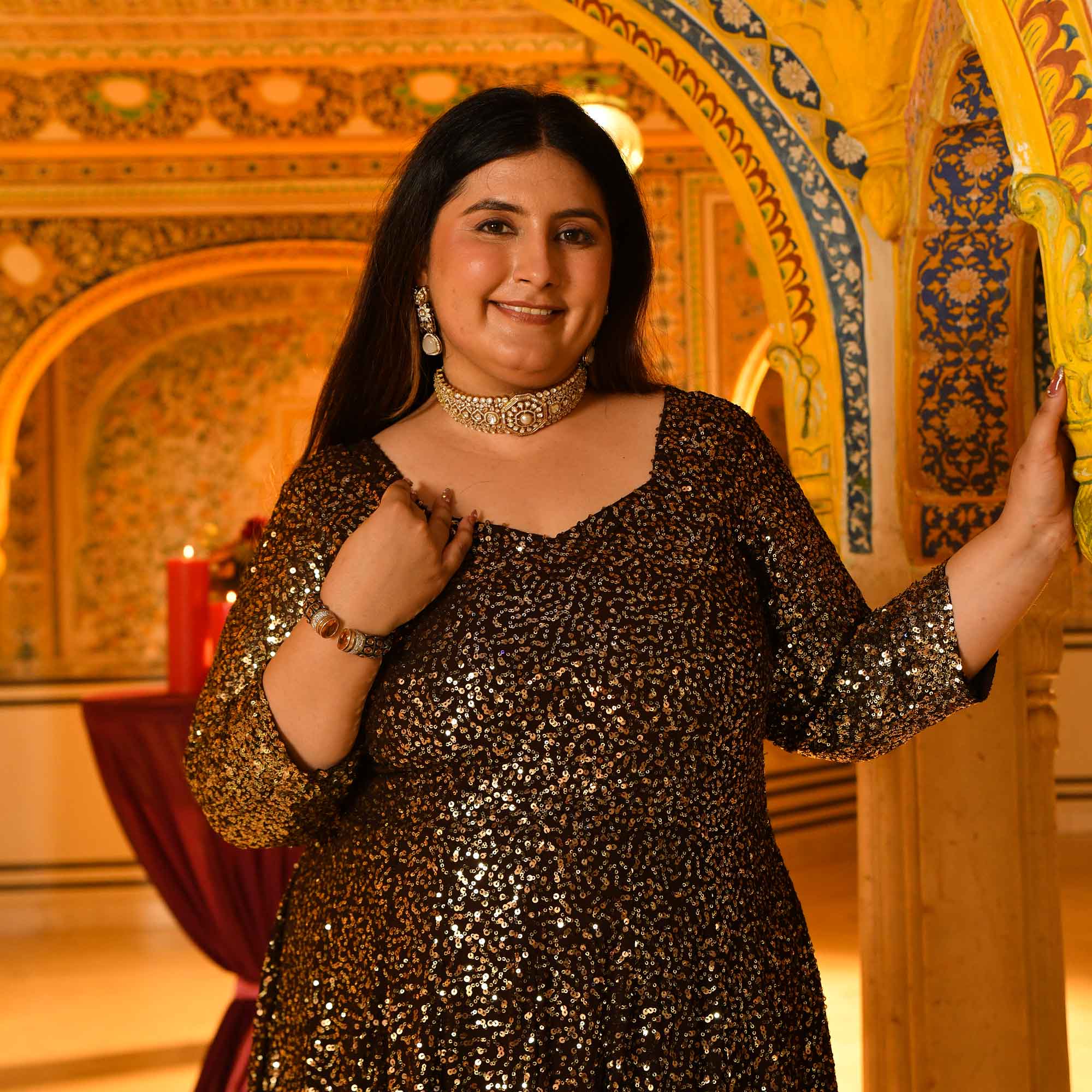 Lara- Coffee Full Sequin Embroidered Anarkali Dress