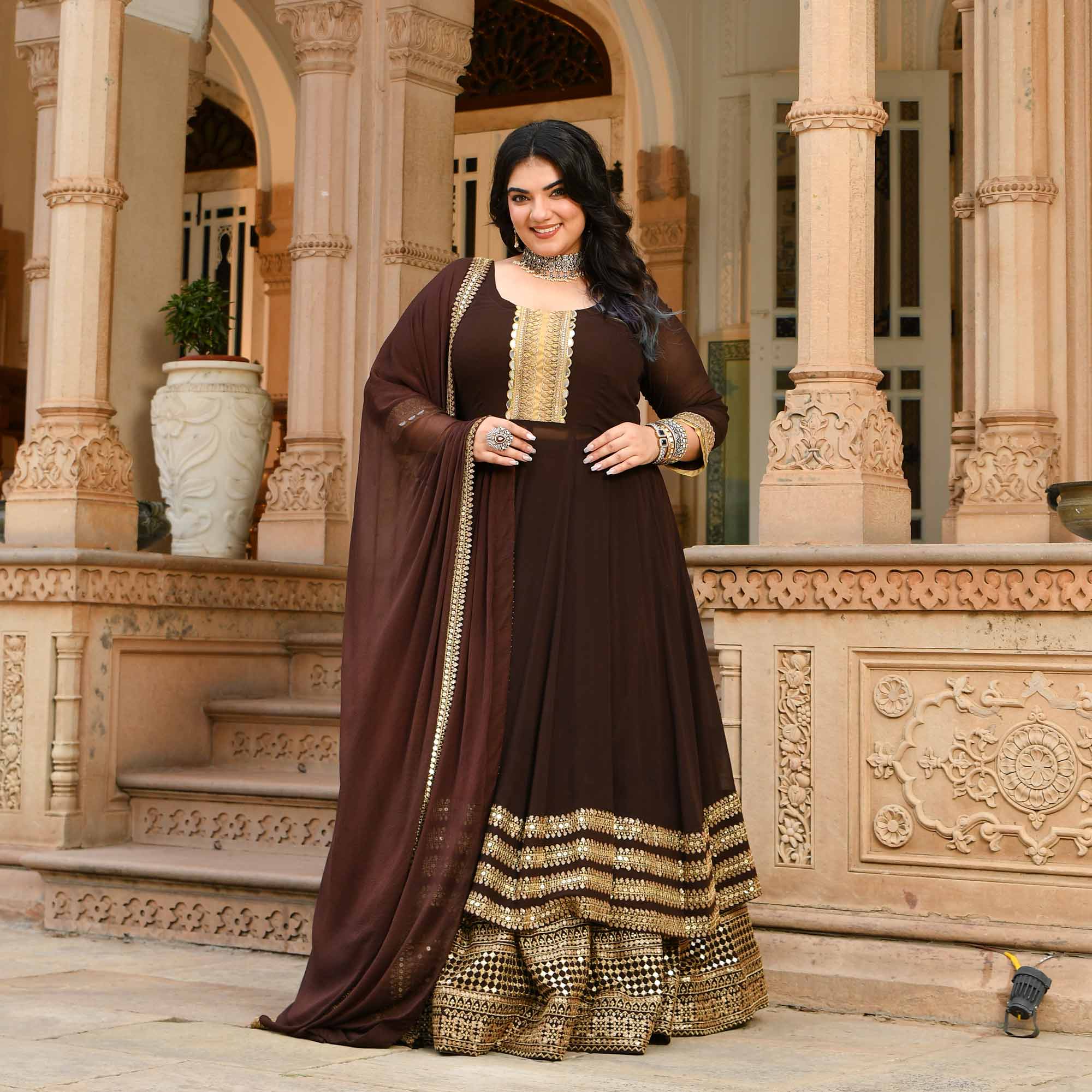 Pataudi - Queen Brown Pure Georgette Anarkali Lehenga Set