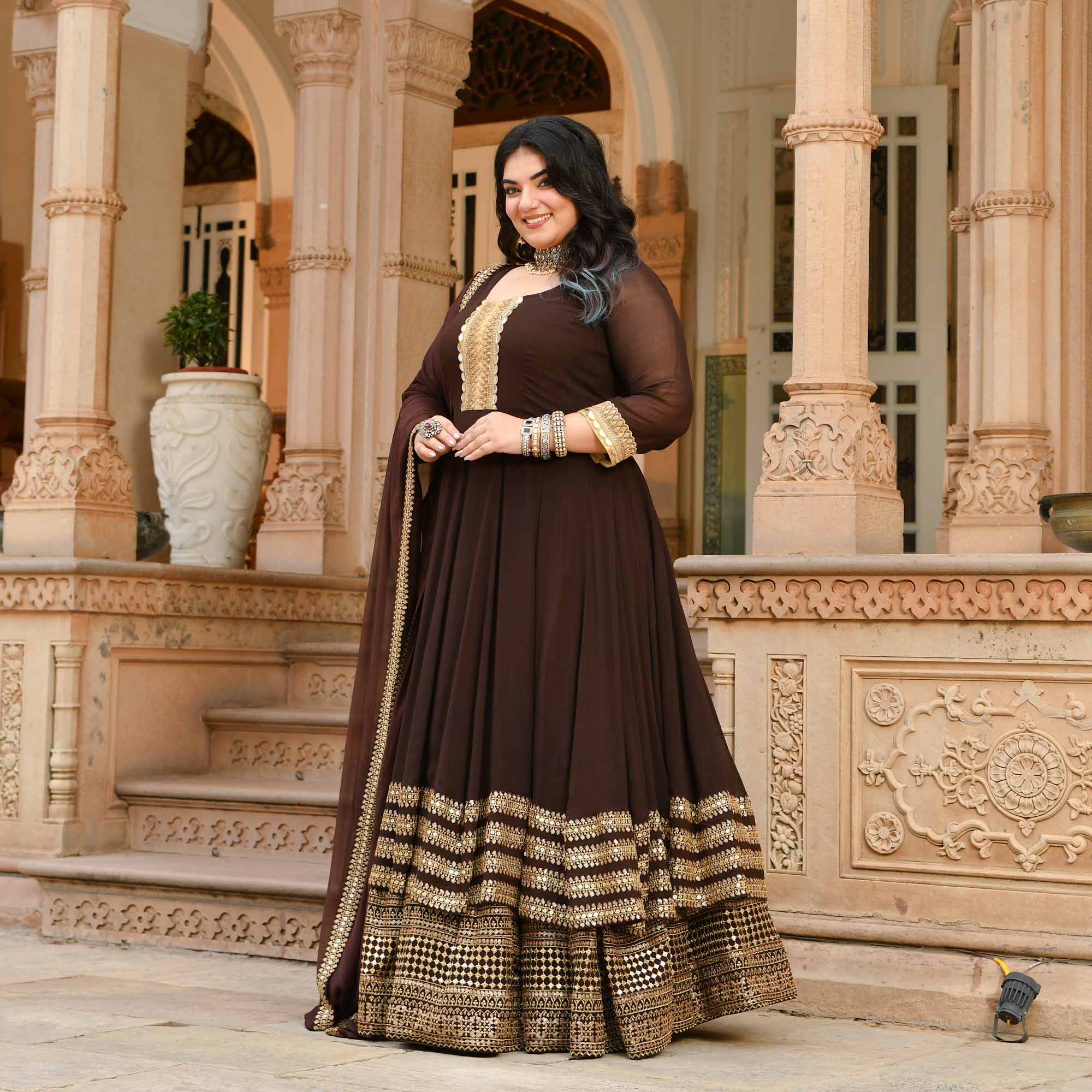 Pataudi - Queen Brown Pure Georgette Anarkali Lehenga Set