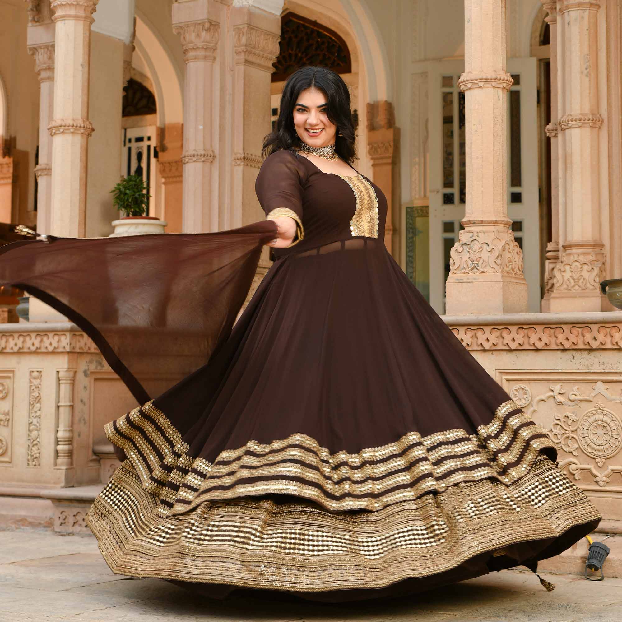 Pataudi - Queen Brown Pure Georgette Anarkali Lehenga Set