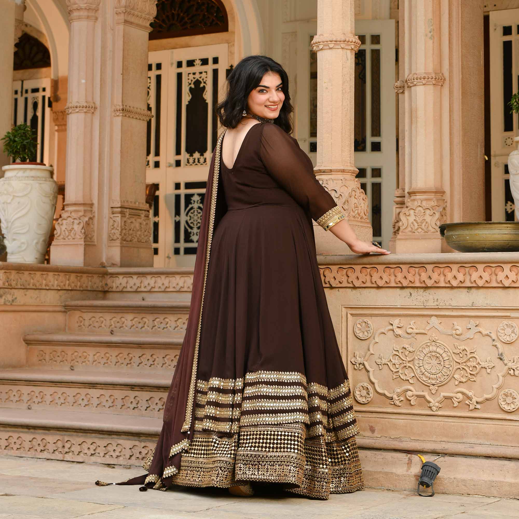 Pataudi - Queen Brown Pure Georgette Anarkali Lehenga Set