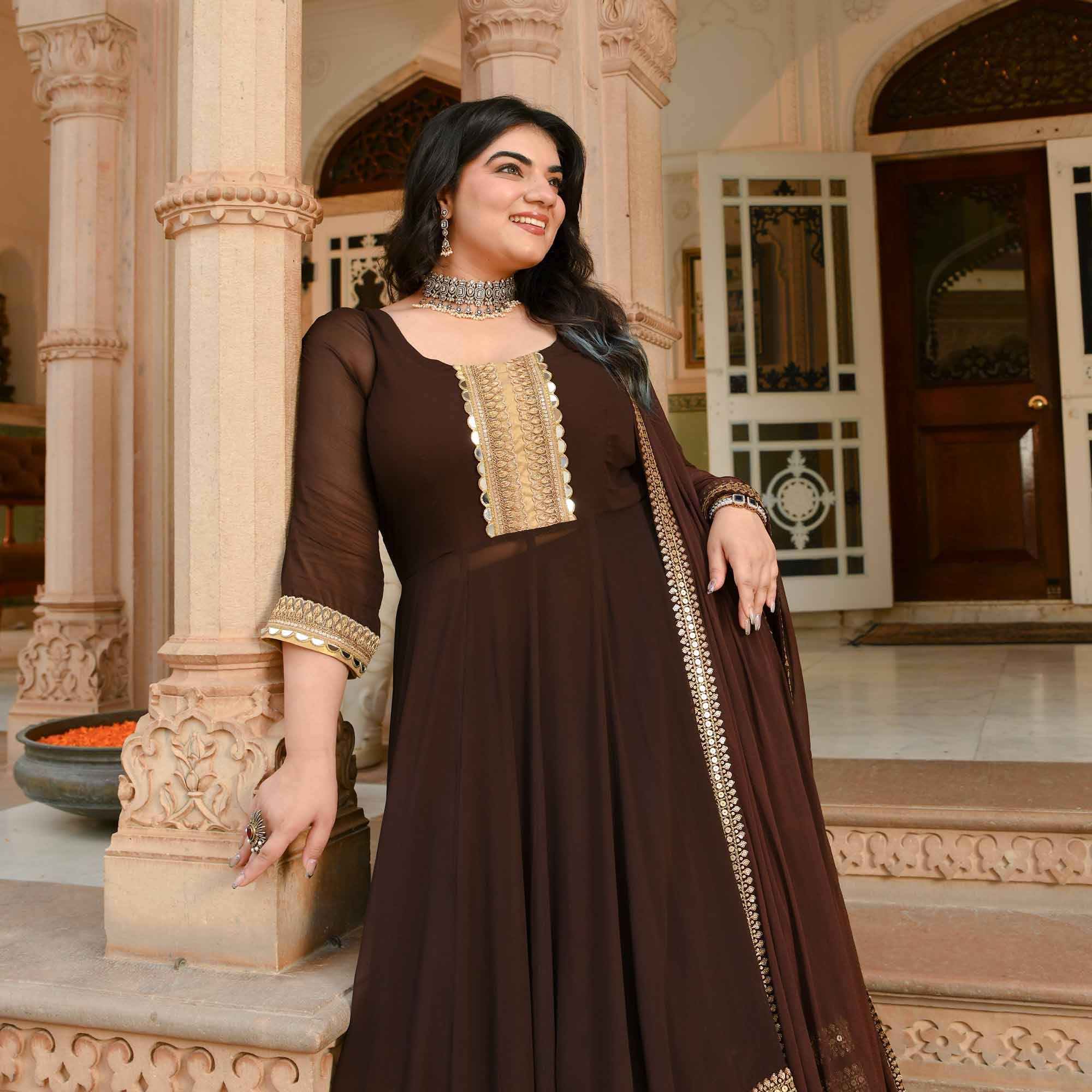 Pataudi - Queen Brown Pure Georgette Anarkali Lehenga Set