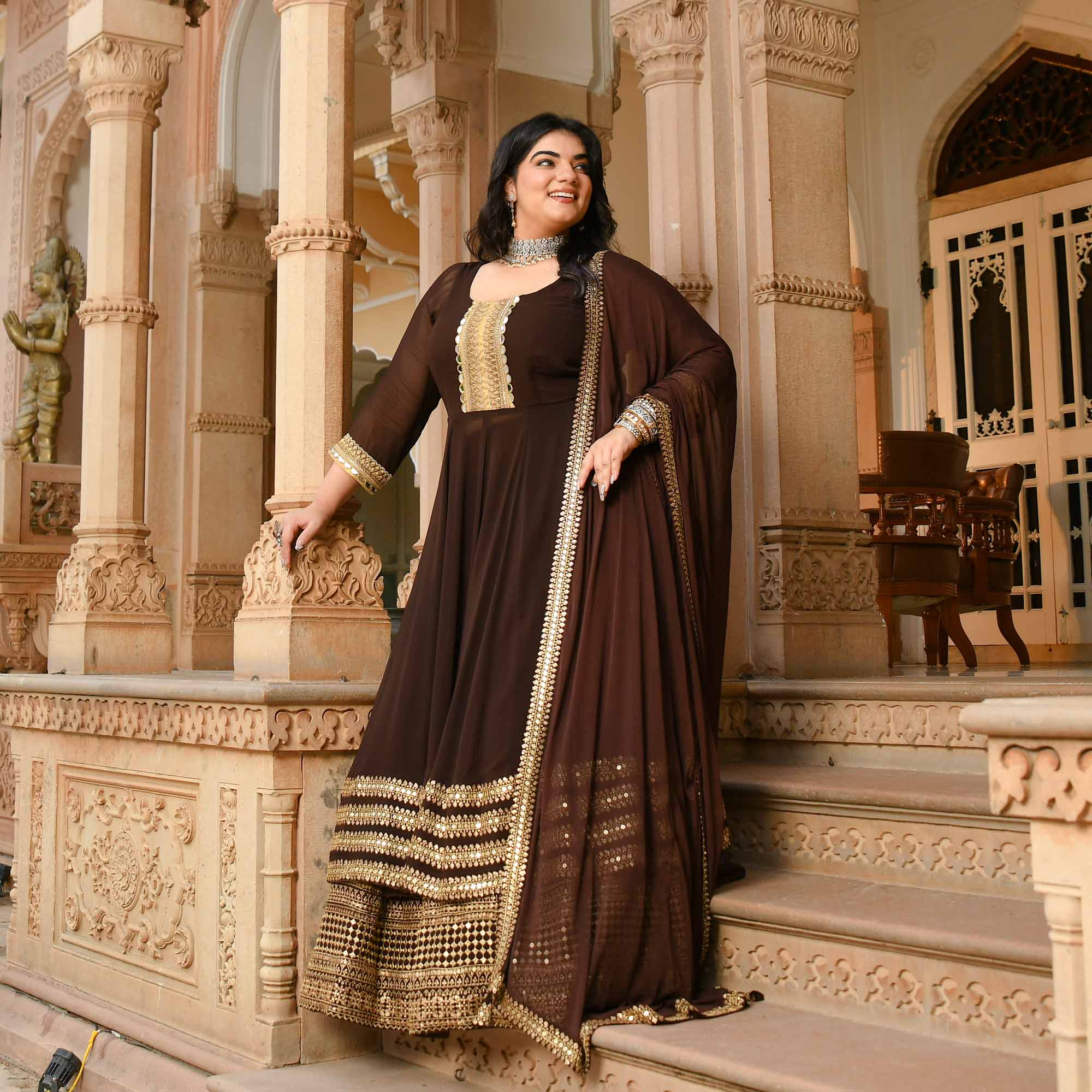 Pataudi - Queen Brown Pure Georgette Anarkali Lehenga Set