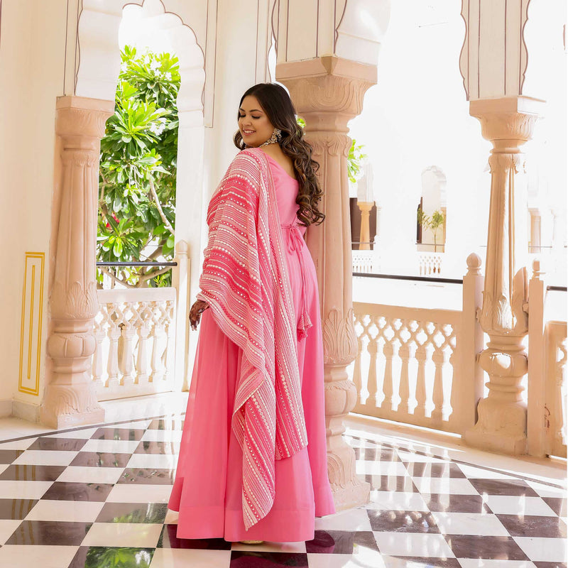 Peachy Paradise & Rose Romance Georgette Anarkali With Belt Drape