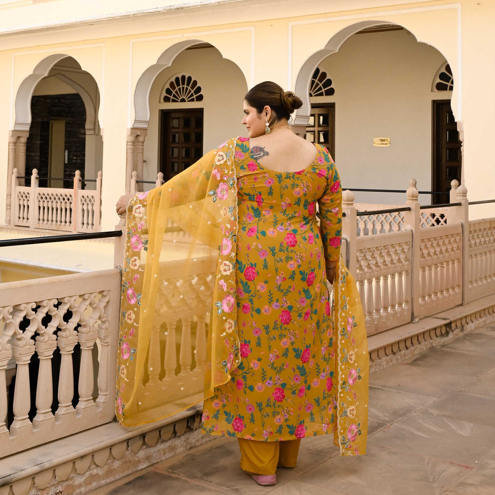 Women'S Yellow Flower Print Cotton Kurta Set Plus Size main image 1