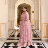 Rosy Bliss Floral Sequin Embroidered Net Cape Set