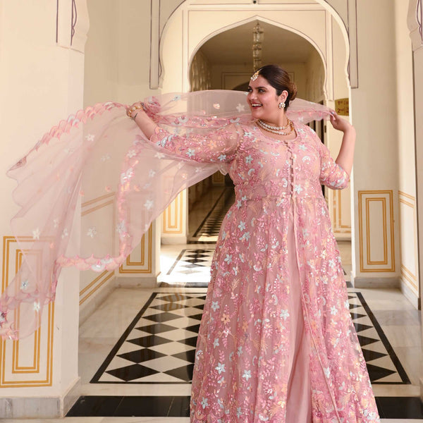 Rosy Bliss Floral Sequin Embroidered Net Cape Set