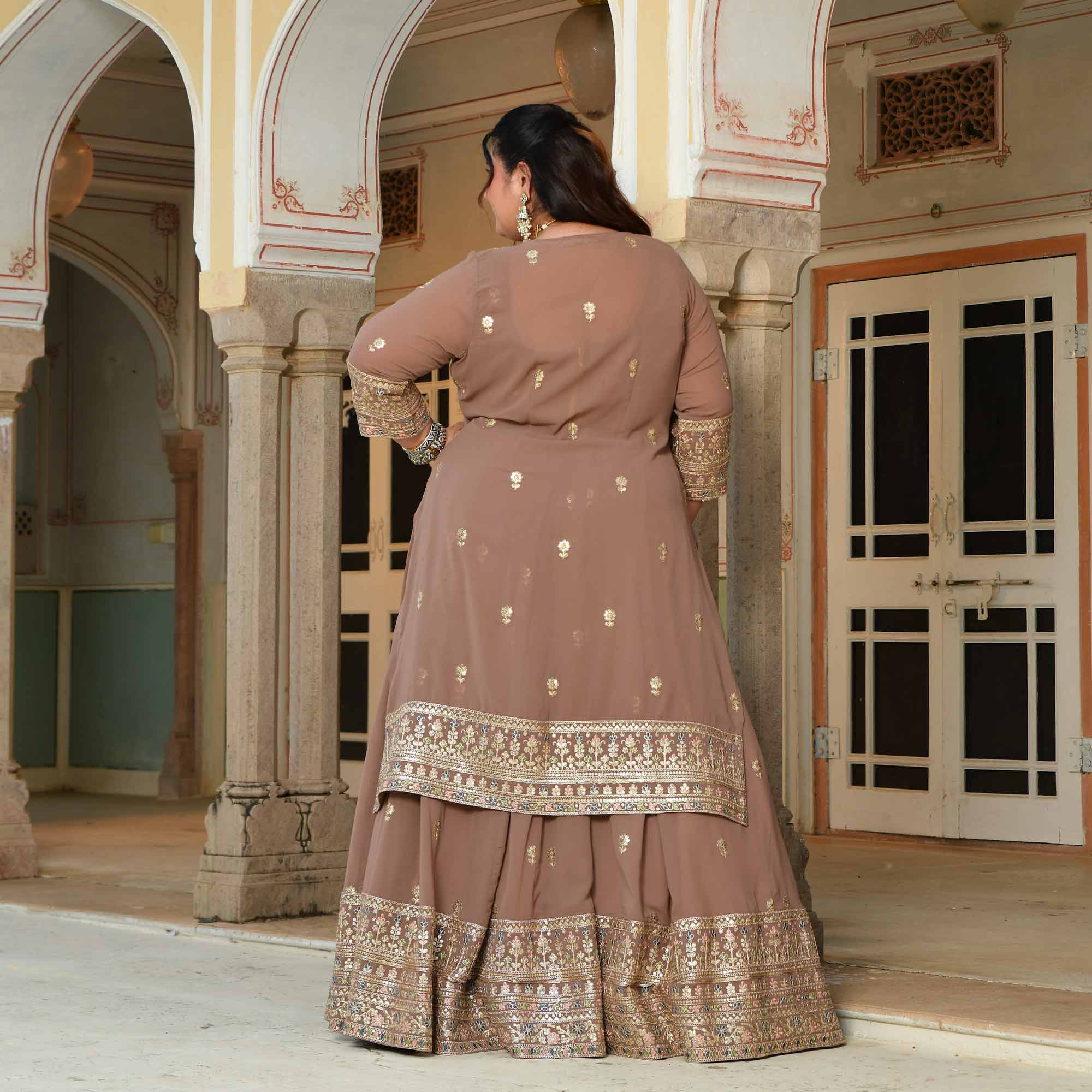 Kulfi- Clay Biscuit Embroidered Georgette Cape Lehenga Set (Dispatch starts 16 September 25)