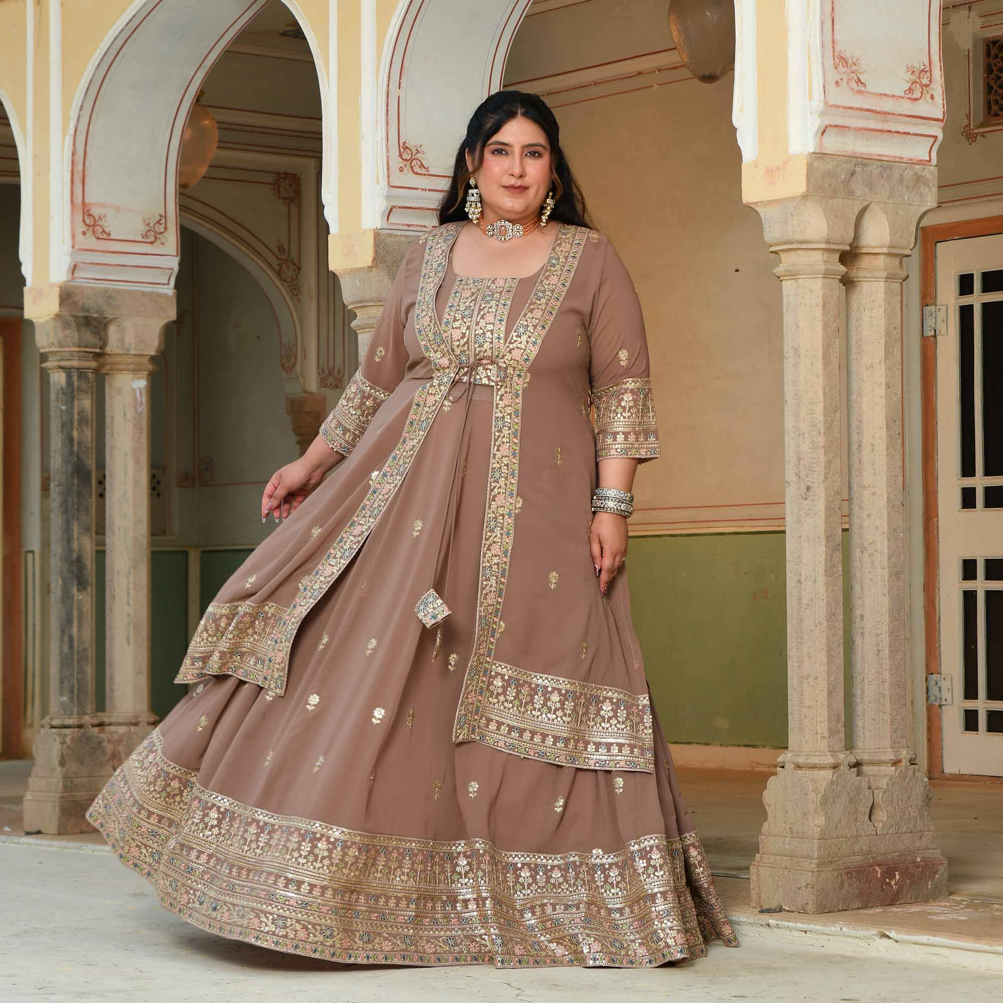 Kulfi- Clay Biscuit Embroidered Georgette Cape Lehenga Set