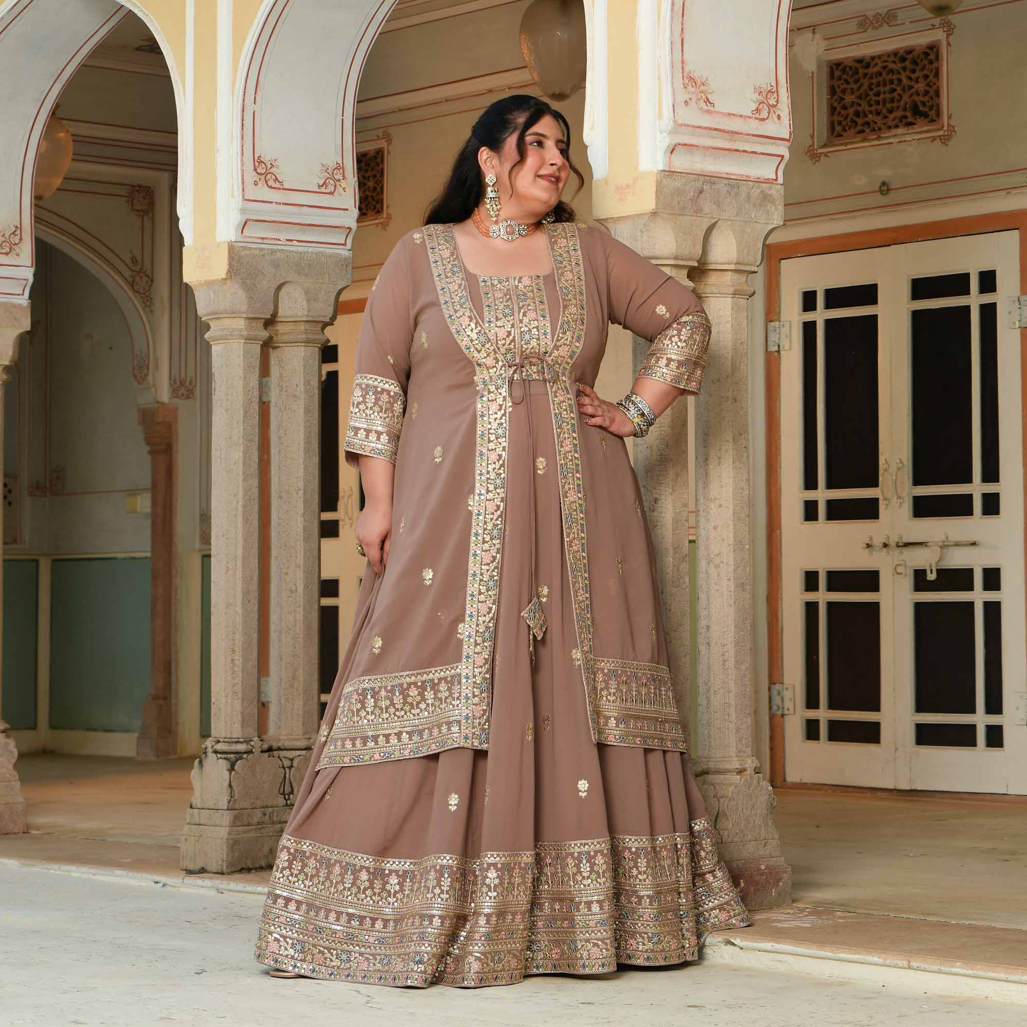 Kulfi- Clay Biscuit Embroidered Georgette Cape Lehenga Set
