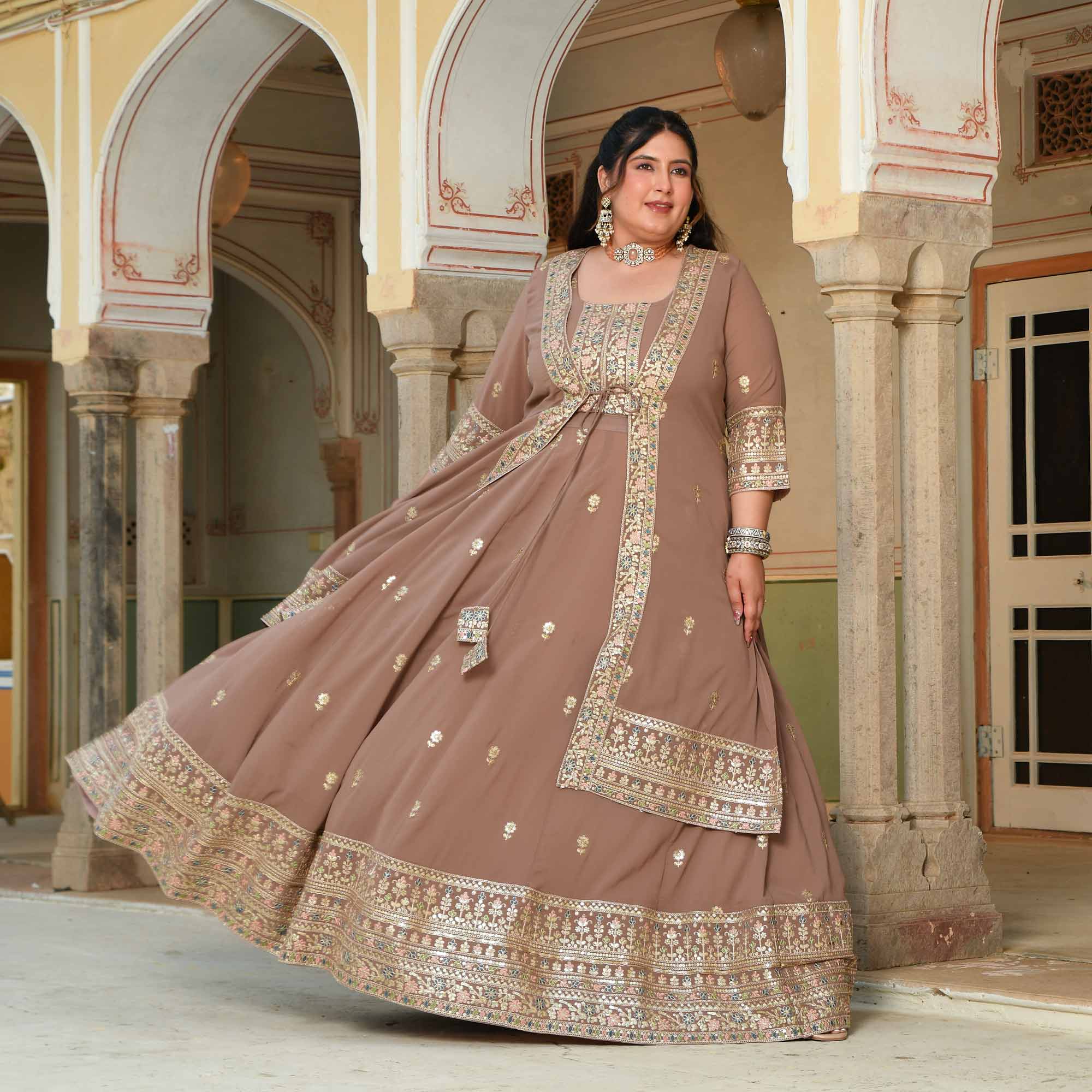 Kulfi- Clay Biscuit Embroidered Georgette Cape Lehenga Set
