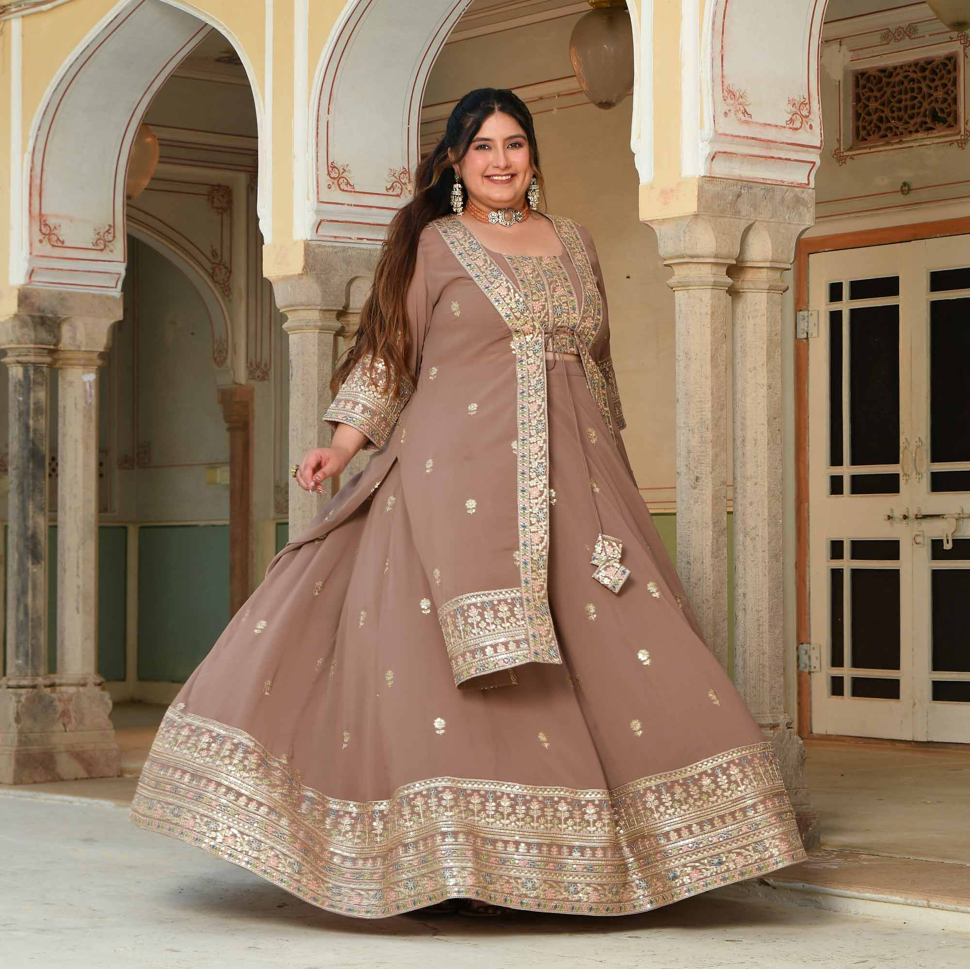 Kulfi- Clay Biscuit Embroidered Georgette Cape Lehenga Set