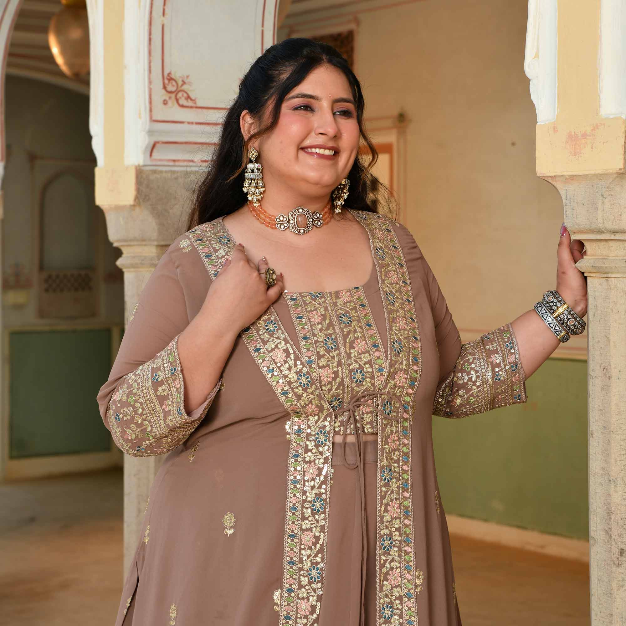 Kulfi- Clay Biscuit Embroidered Georgette Cape Lehenga Set