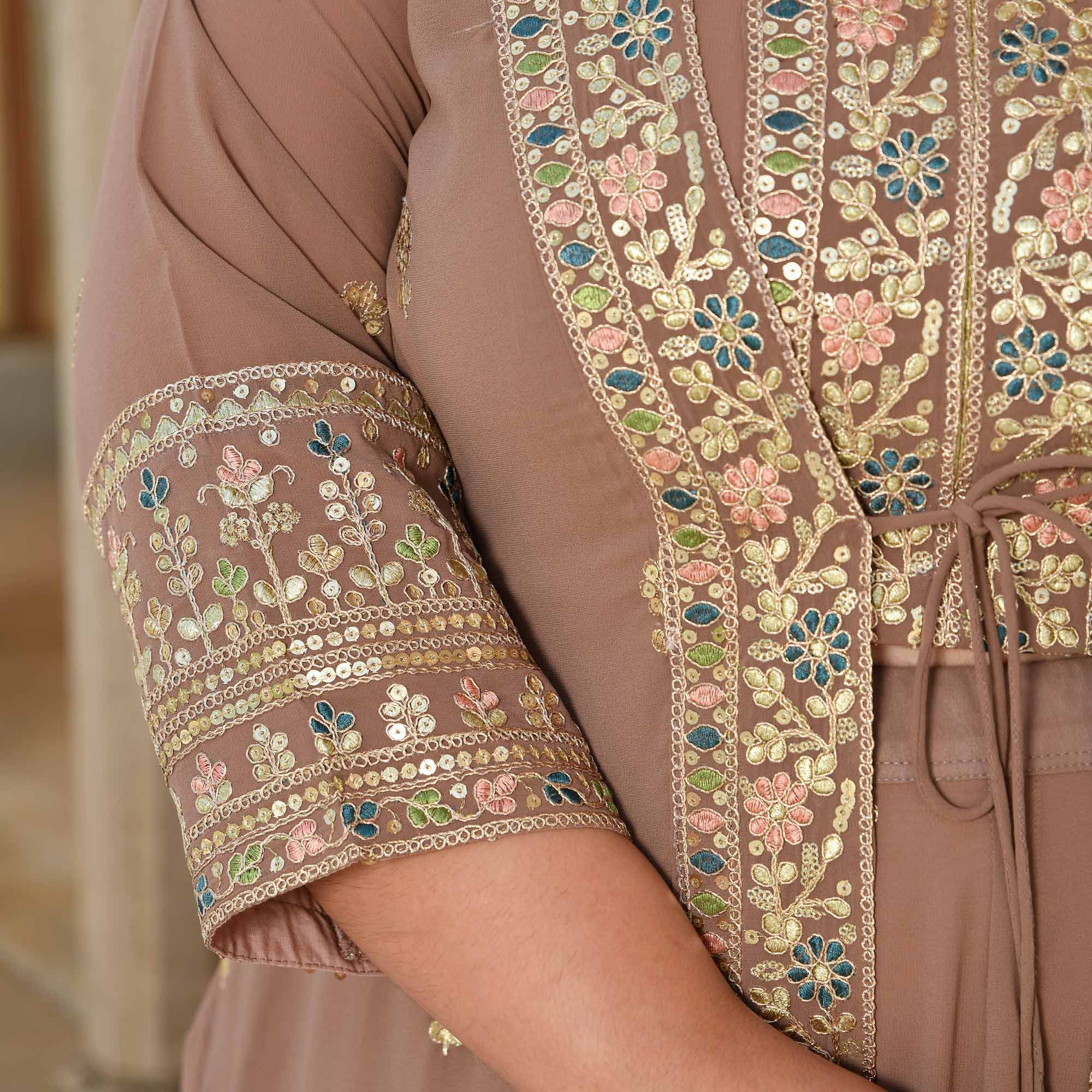 Kulfi- Clay Biscuit Embroidered Georgette Cape Lehenga Set