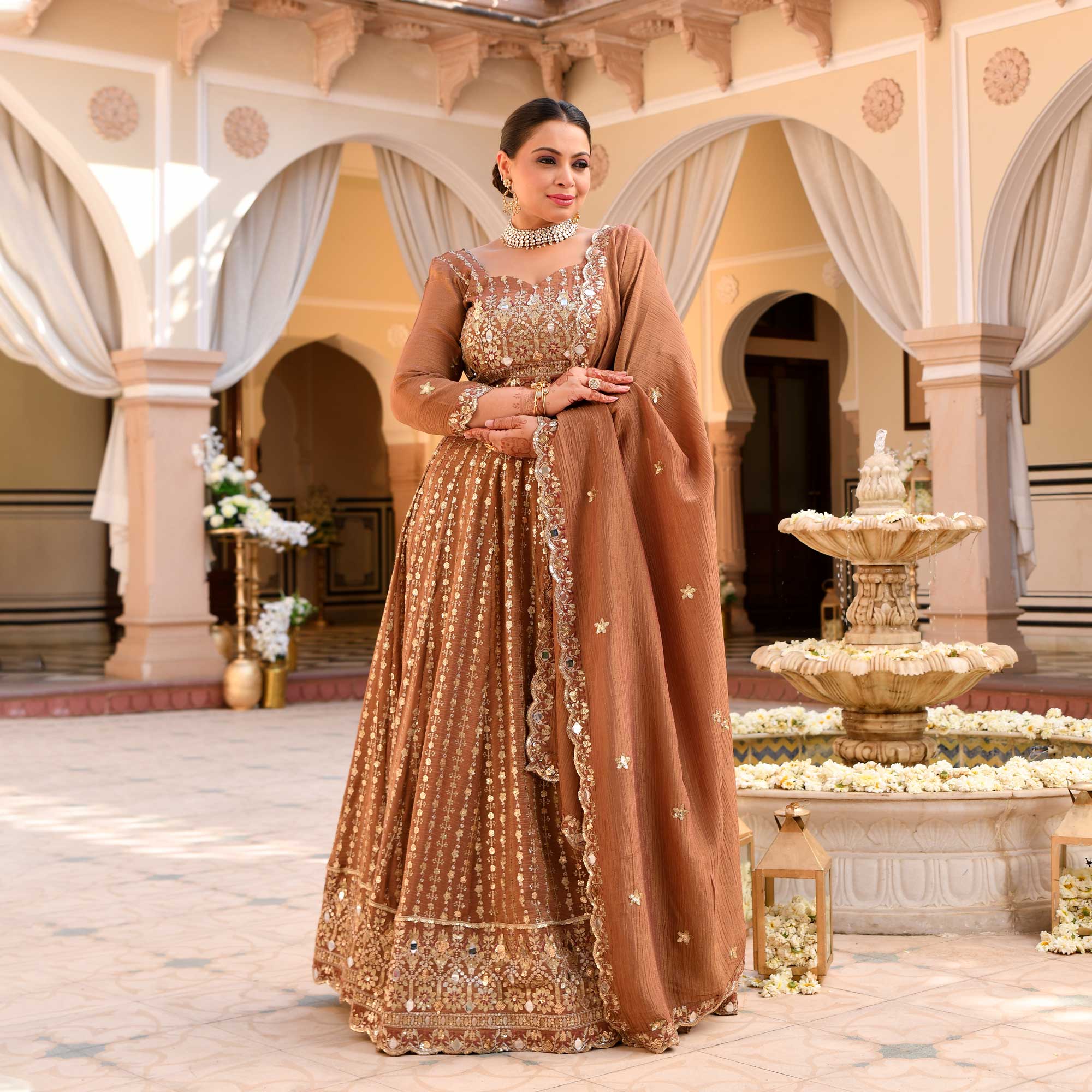 Paro- Ash Brown Crushed Sequin Embroidered Pure Tissue Silk Lehenga Set