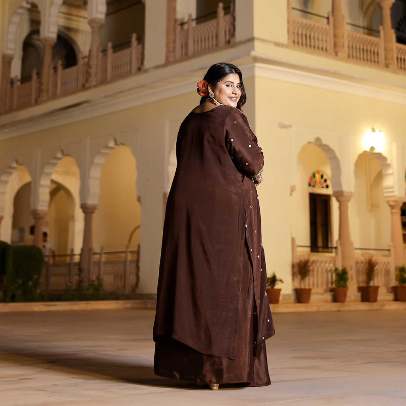 Majestic Mocha Scalloped Sequin Drape SKirt Set With Cape