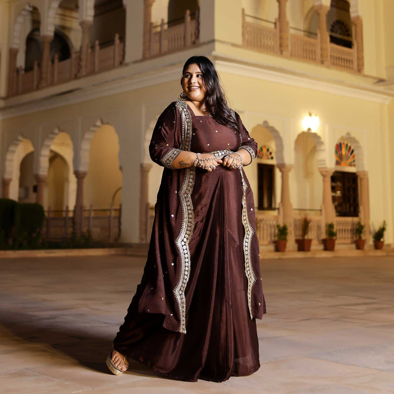 Majestic Mocha Scalloped Sequin Drape SKirt Set With Cape