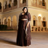 Majestic Mocha Scalloped Sequin Drape SKirt Set With Cape