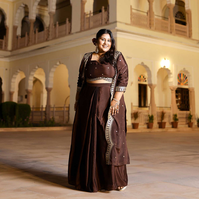 Majestic Mocha Scalloped Sequin Drape SKirt Set With Cape
