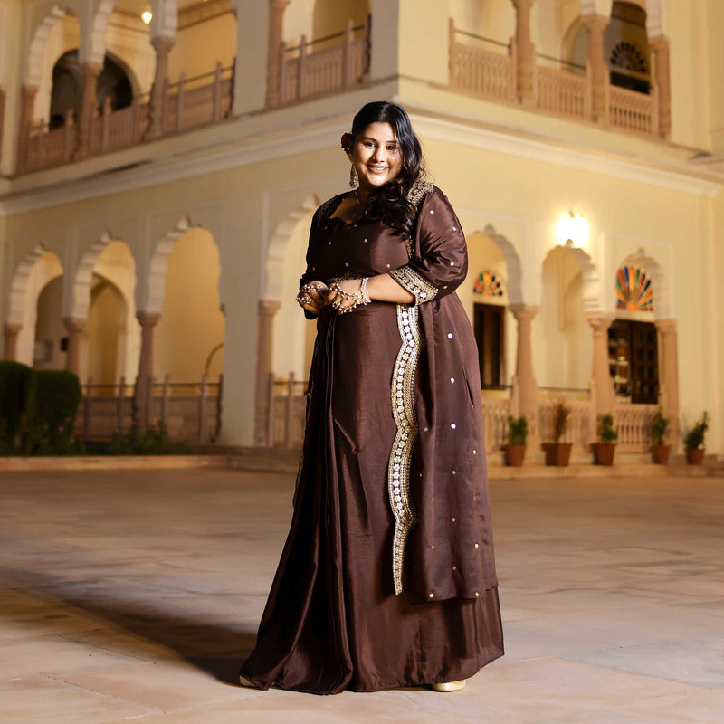 Majestic Mocha Scalloped Sequin Drape SKirt Set With Cape