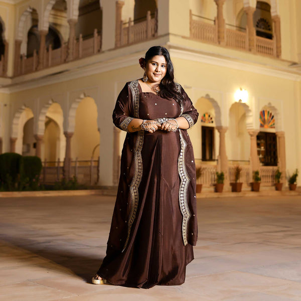 Majestic Mocha Scalloped Sequin Drape SKirt Set With Cape
