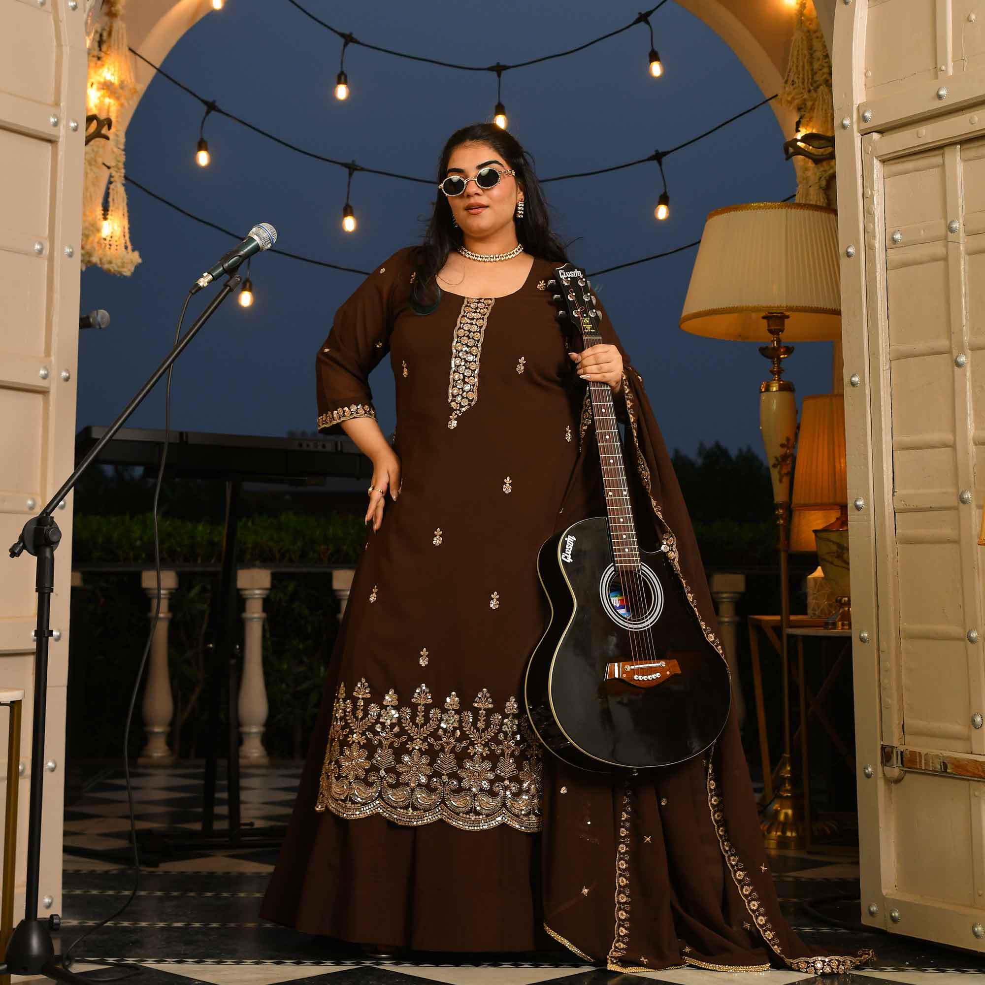 Dekha Ek Khwab- Coffee Cutdana Embroidered Georgette Kurta Skirt Set