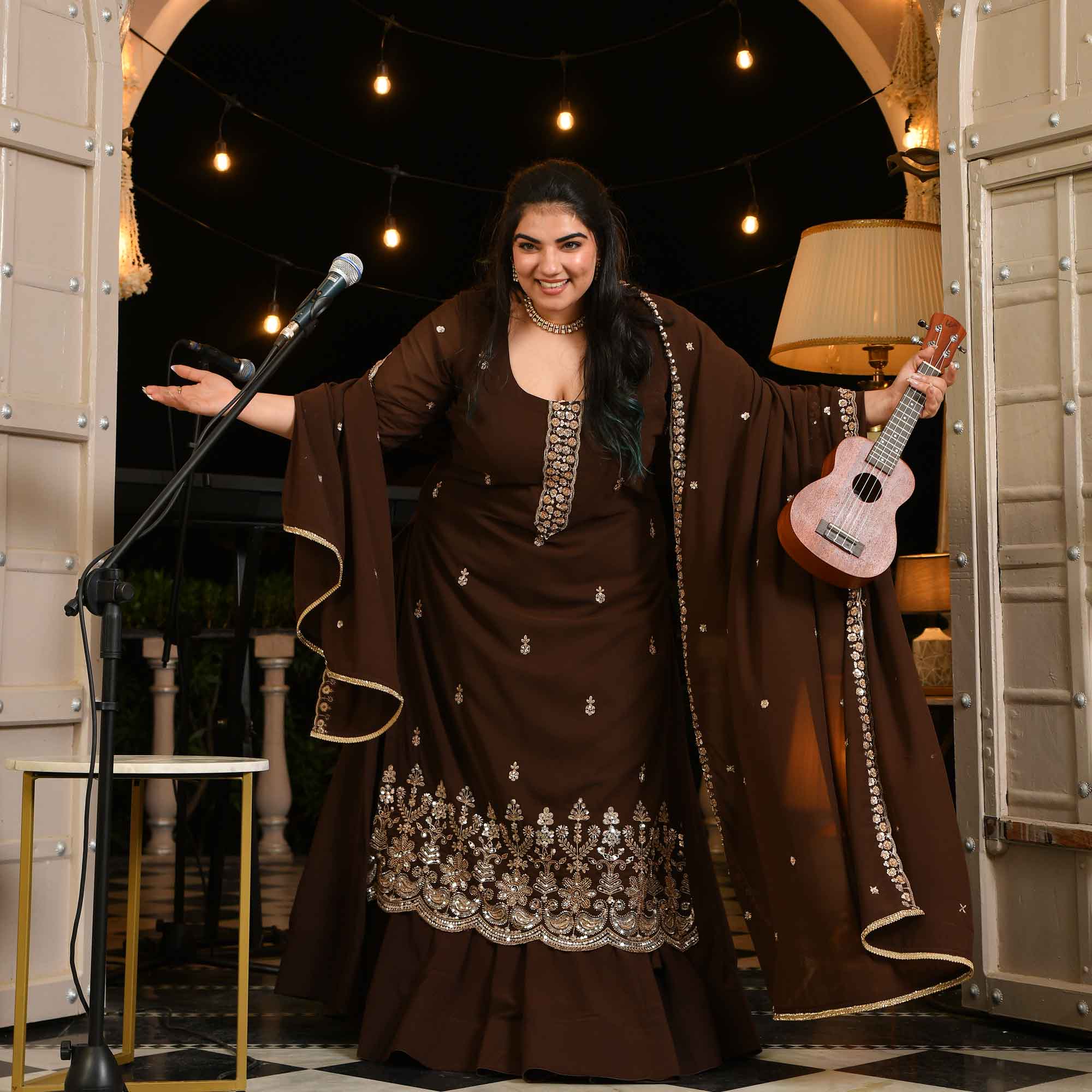 Dekha Ek Khwab- Coffee Cutdana Embroidered Georgette Kurta Skirt Set