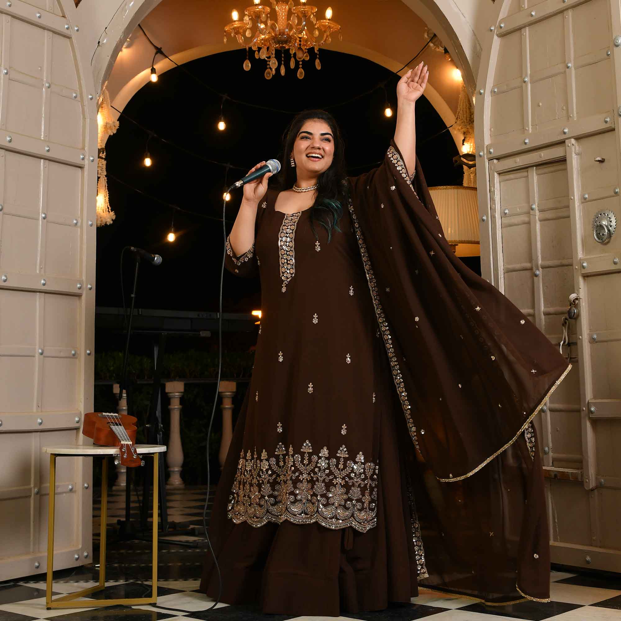 Dekha Ek Khwab- Coffee Cutdana Embroidered Georgette Kurta Skirt Set