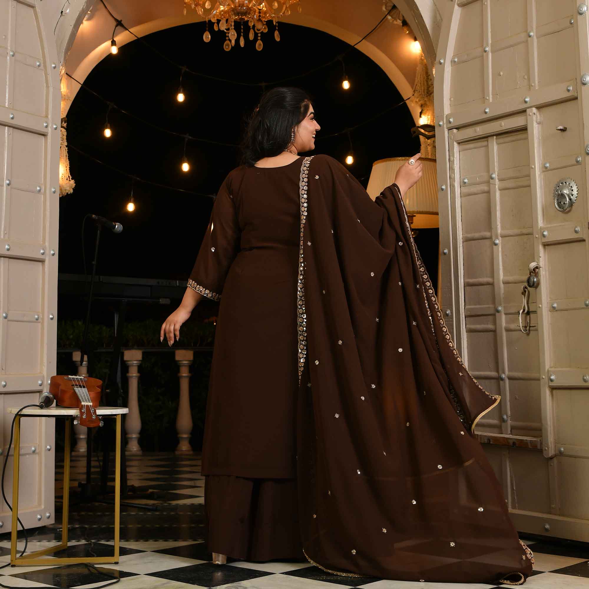 Dekha Ek Khwab- Coffee Cutdana Embroidered Georgette Kurta Skirt Set