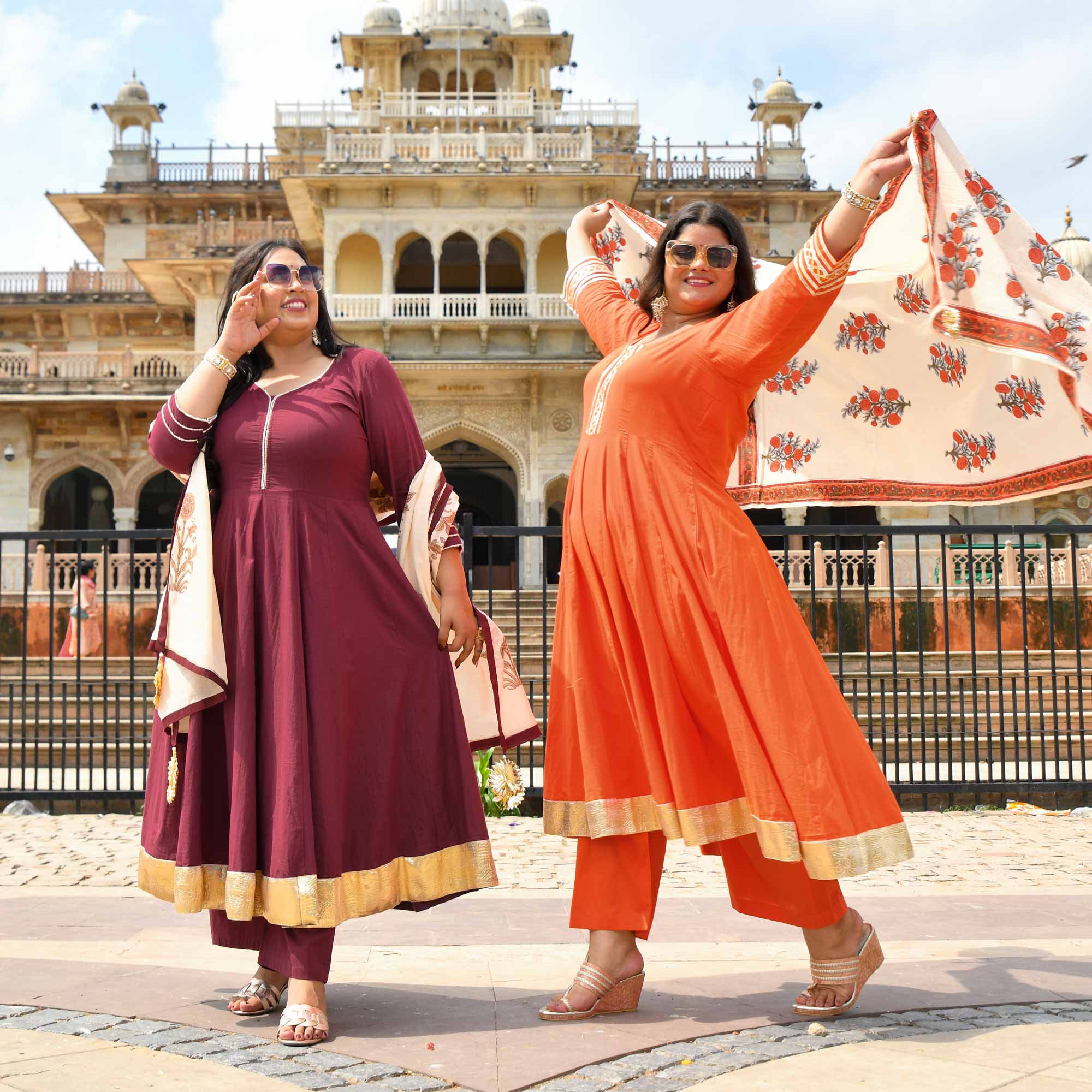 Tangerine Floral Cotton Anarkali Set