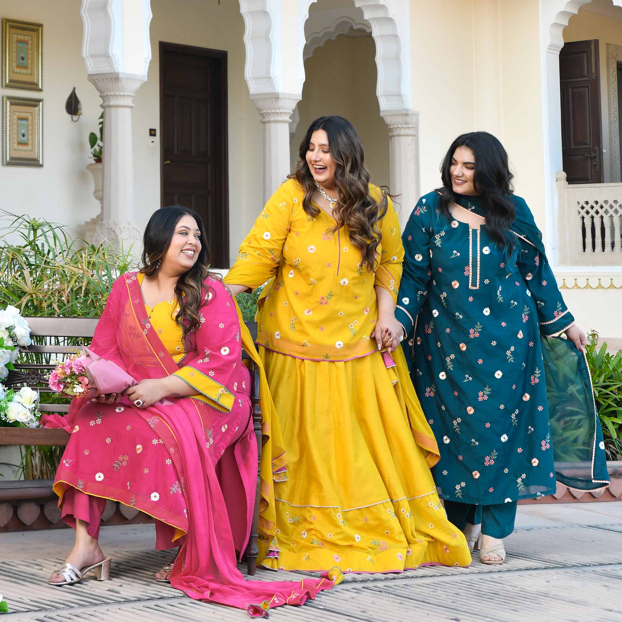 Aam Paana- Yellow Floral Thread Embroidery Mul Chanderi Lehenga Set