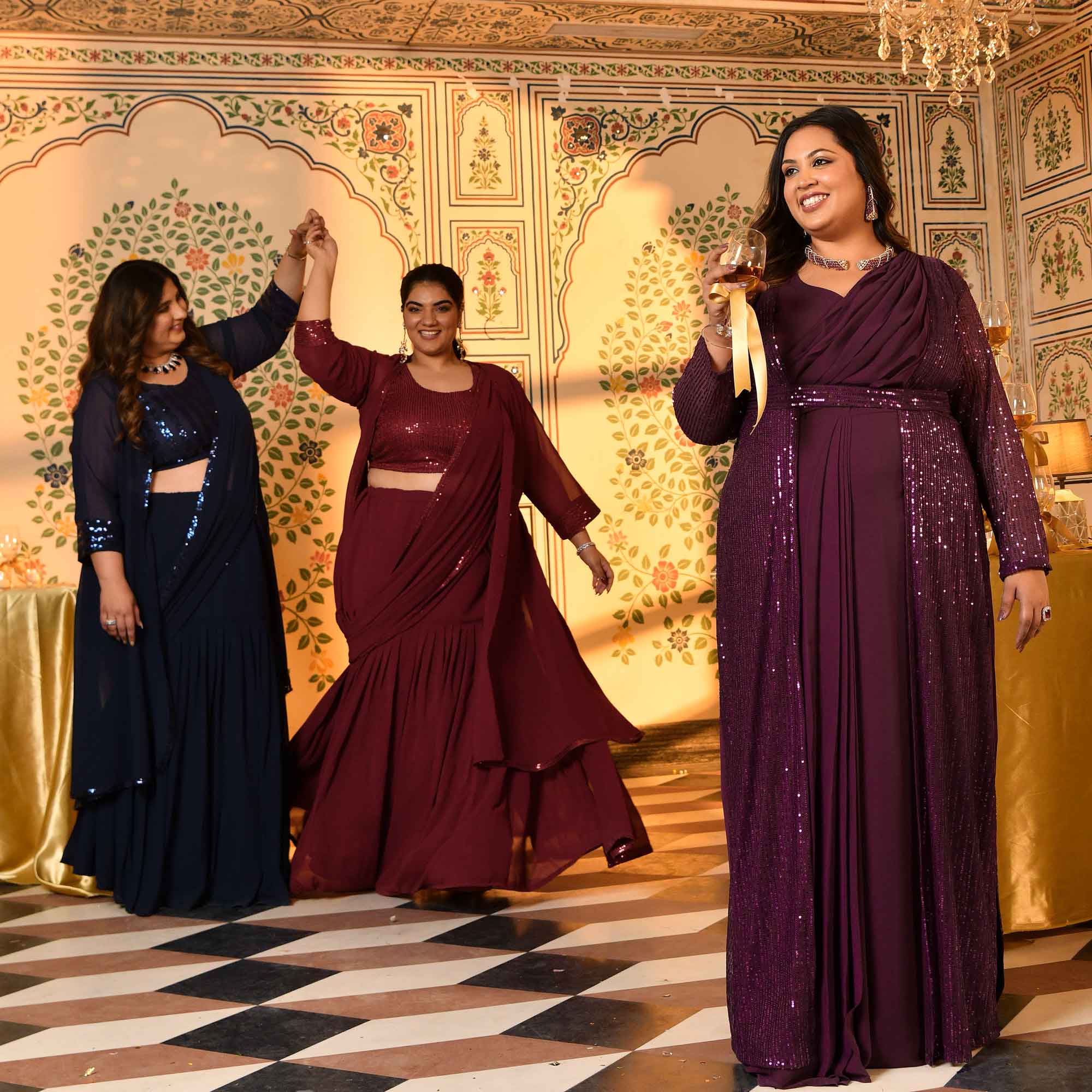 Champagne- Wine Drape Saree Dress with Sequin Embellished  Cape