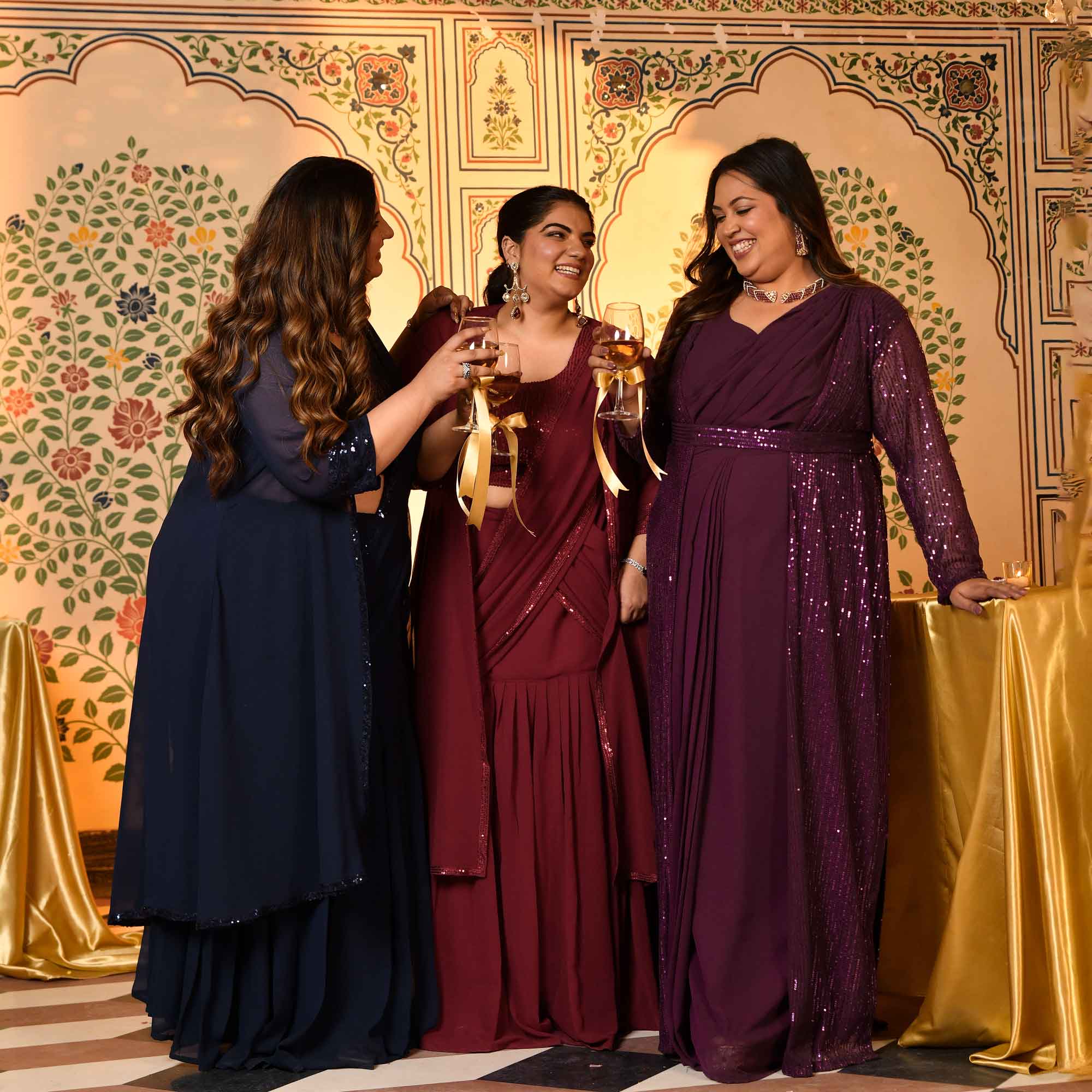 Champagne- Wine Drape Saree Dress with Sequin Embellished  Cape