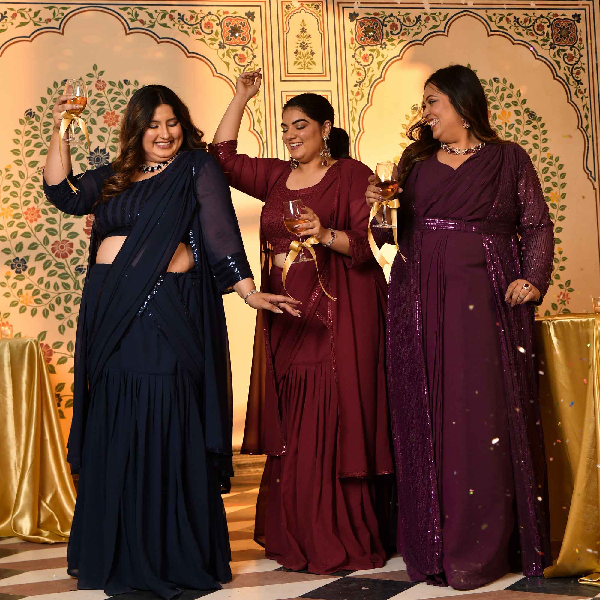 Champagne- Wine Drape Saree Dress with Sequin Embellished  Cape