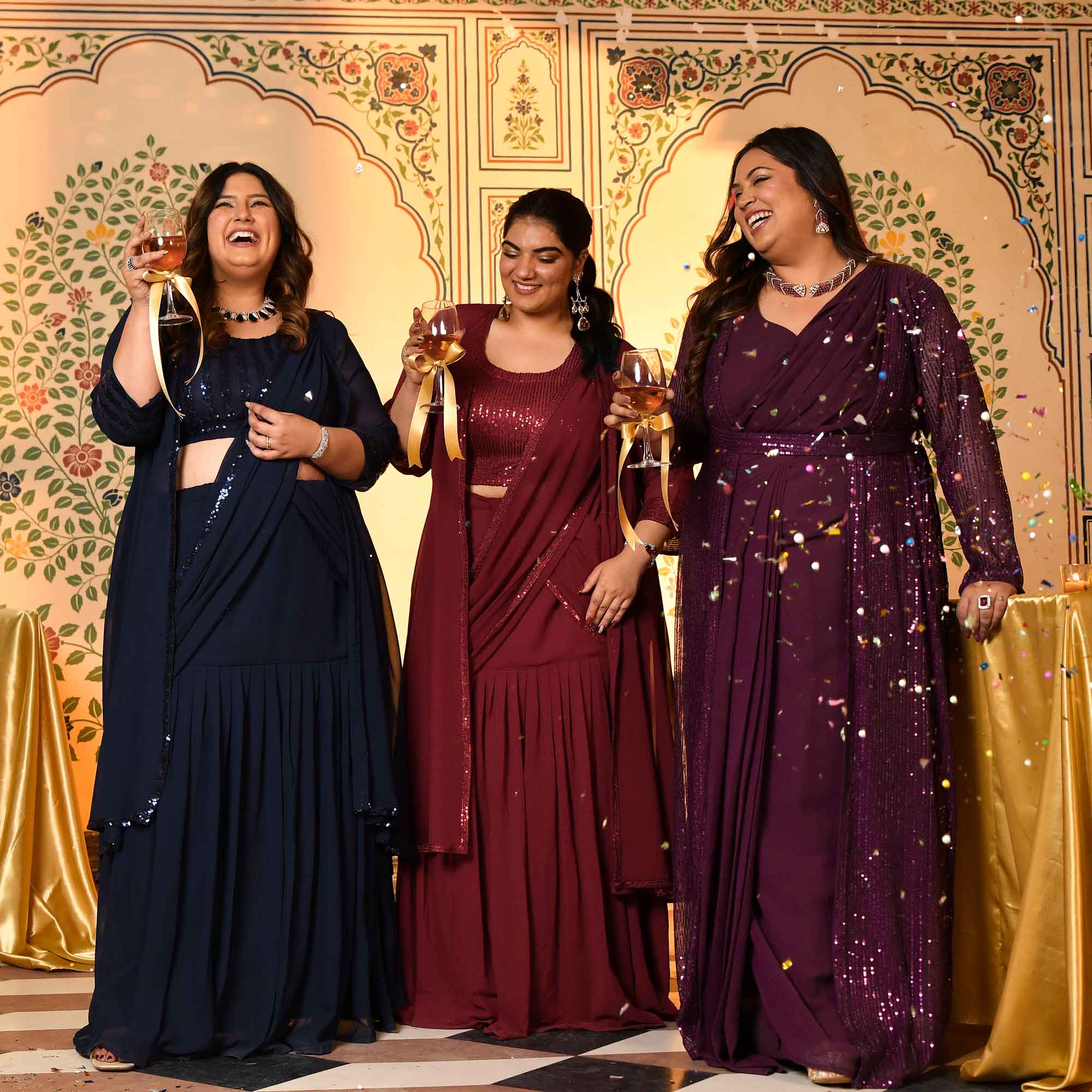 Champagne- Wine Drape Saree Dress with Sequin Embellished  Cape