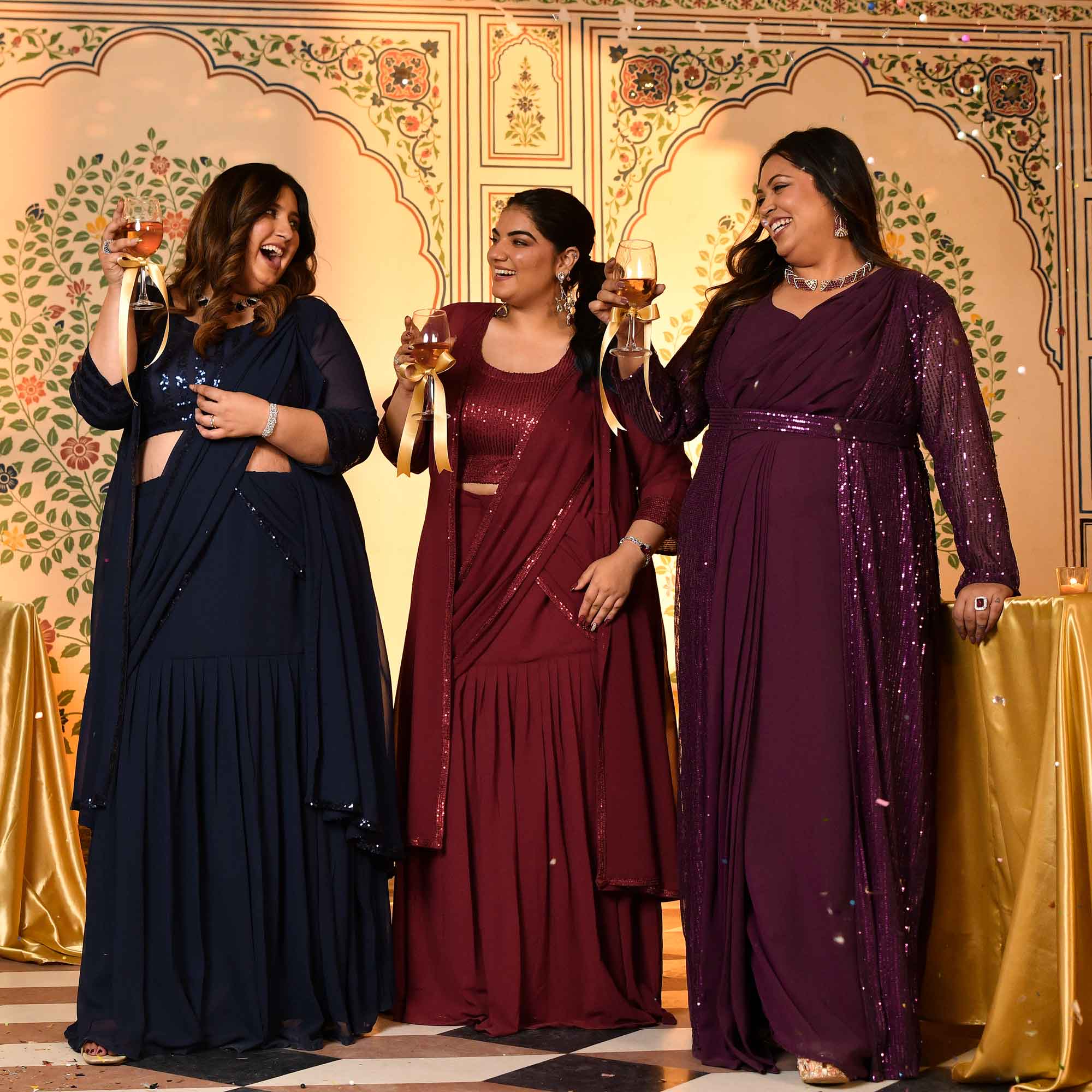 Champagne- Wine Drape Saree Dress with Sequin Embellished  Cape