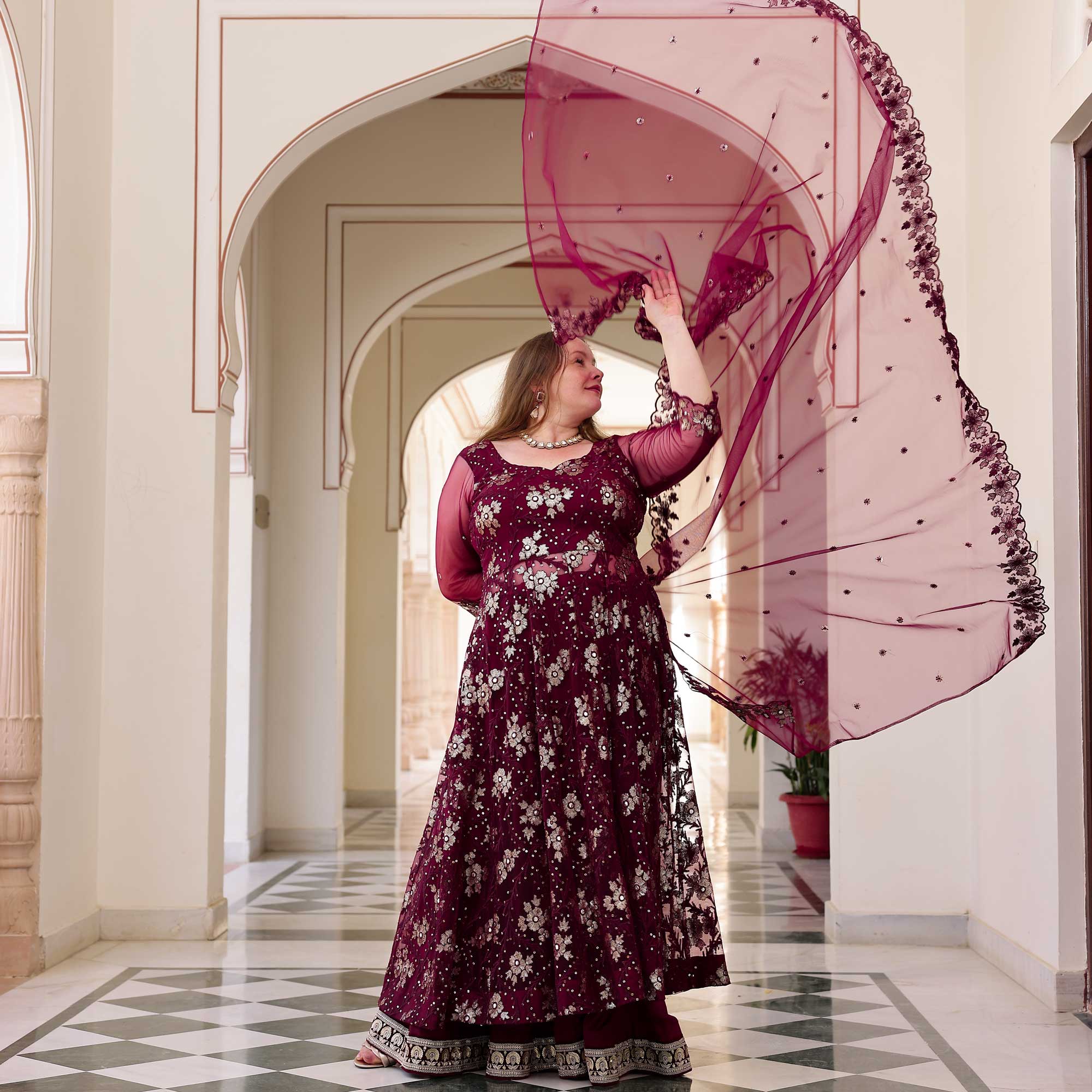 Wineberry Whisper Floral Sequin Net Anarkali Lehenga Set