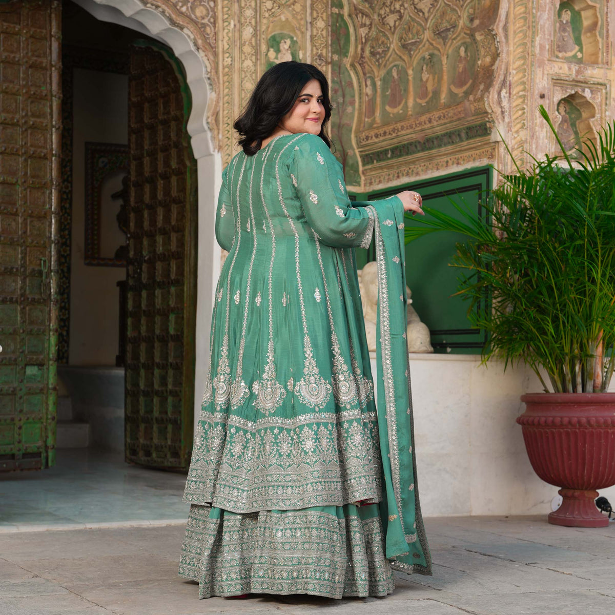 JaiBagh - Sage Green Zari & Sequin Embroidered Pure Chinon Anarkali Lehenga Set
