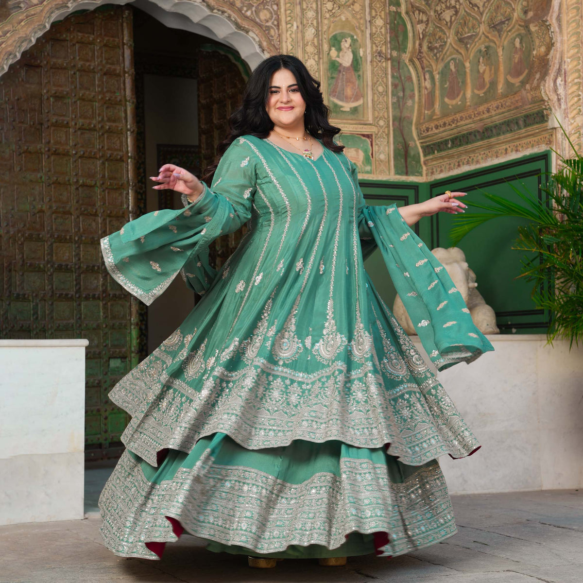 JaiBagh - Sage Green Zari & Sequin Embroidered Pure Chinon Anarkali Lehenga Set