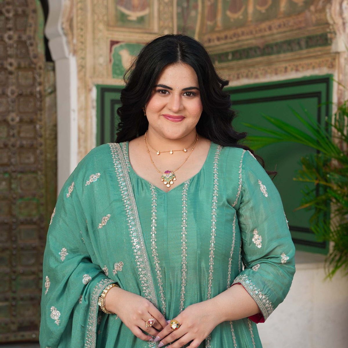JaiBagh - Sage Green Zari & Sequin Embroidered Pure Chinon Anarkali Lehenga Set