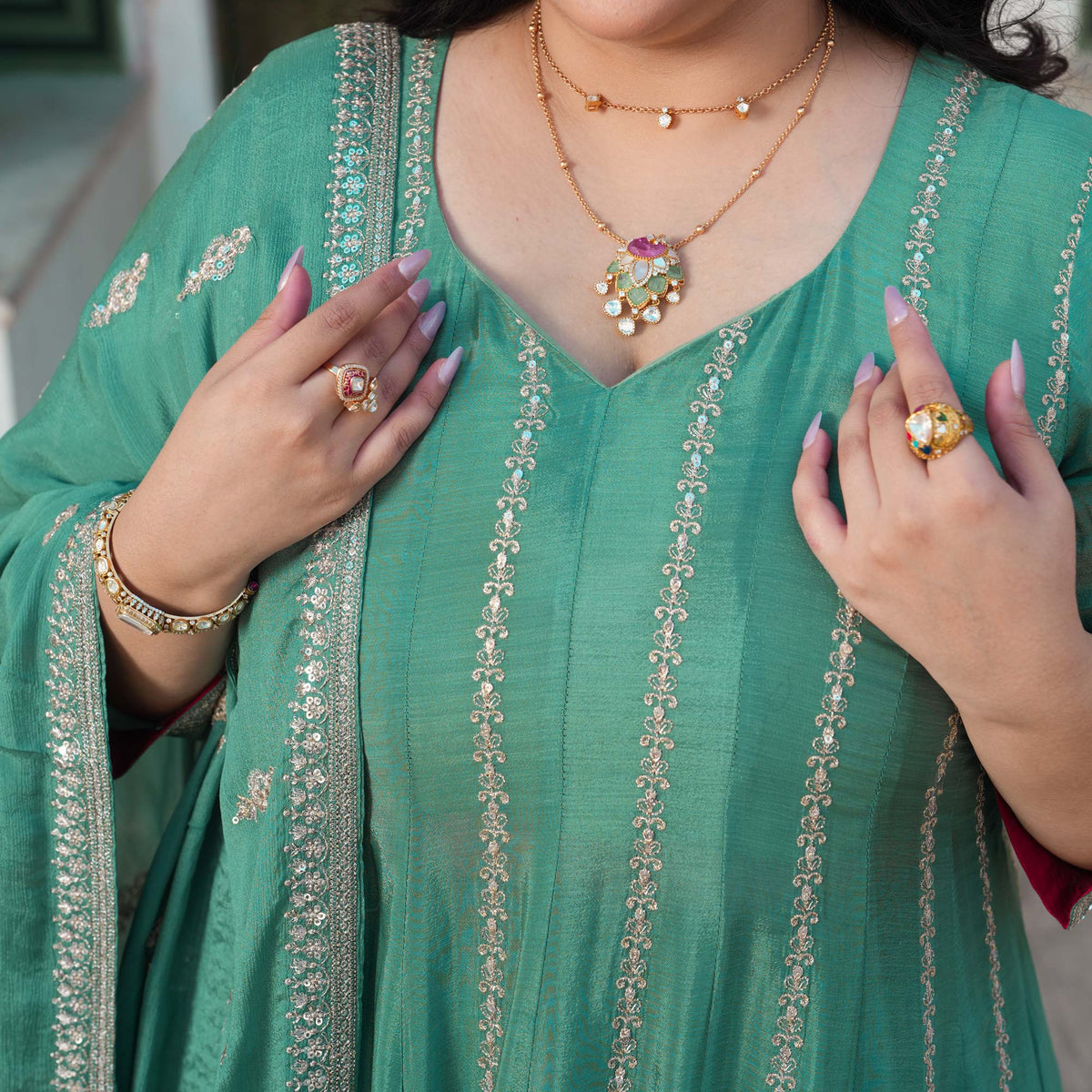 JaiBagh - Sage Green Zari & Sequin Embroidered Pure Chinon Anarkali Lehenga Set