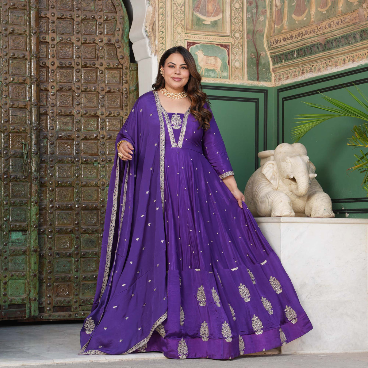 Oheka Castle- Purple Zari & Sequin Embroidered Pure Chinon Anarkali Set