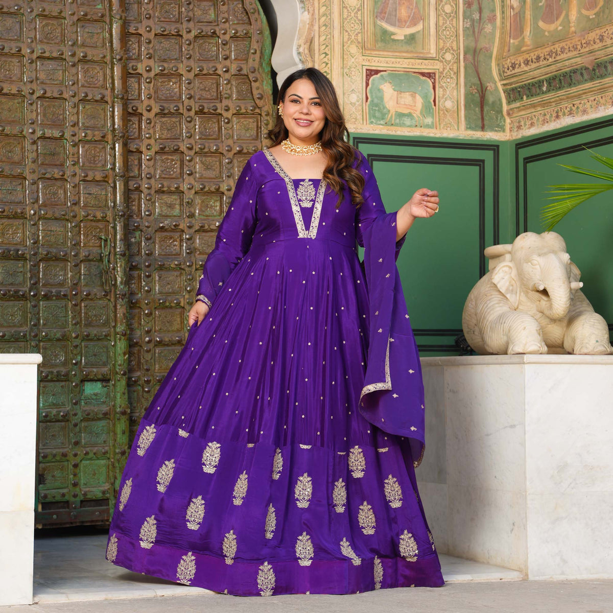 Oheka Castle- Purple Zari & Sequin Embroidered Pure Chinon Anarkali Set