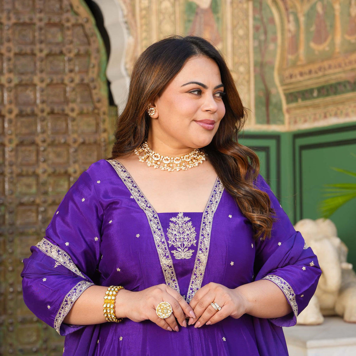 Oheka Castle- Purple Zari & Sequin Embroidered Pure Chinon Anarkali Set