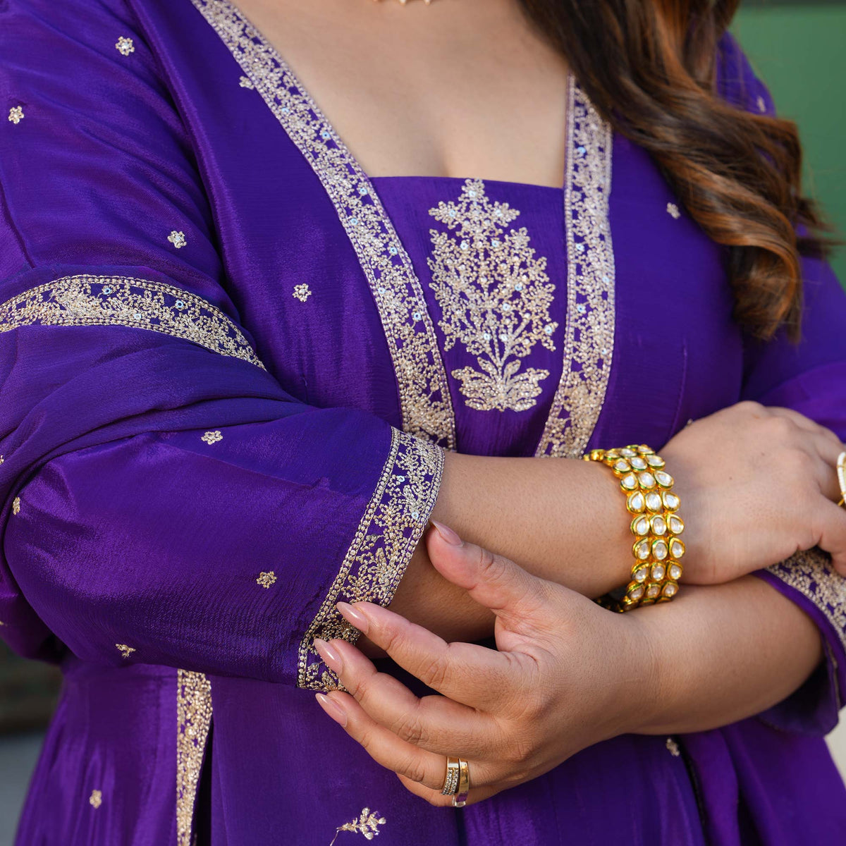 Oheka Castle- Purple Zari & Sequin Embroidered Pure Chinon Anarkali Set