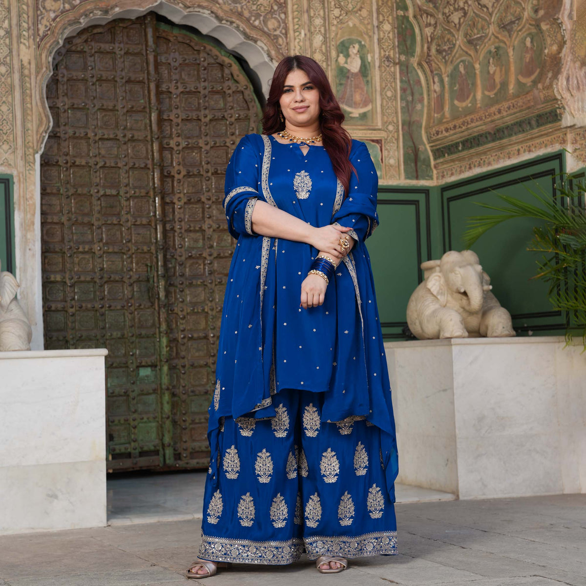 Starry Retreat- Royal Blue Zari & Sequin Embroidered Pure Chinon Suit Set